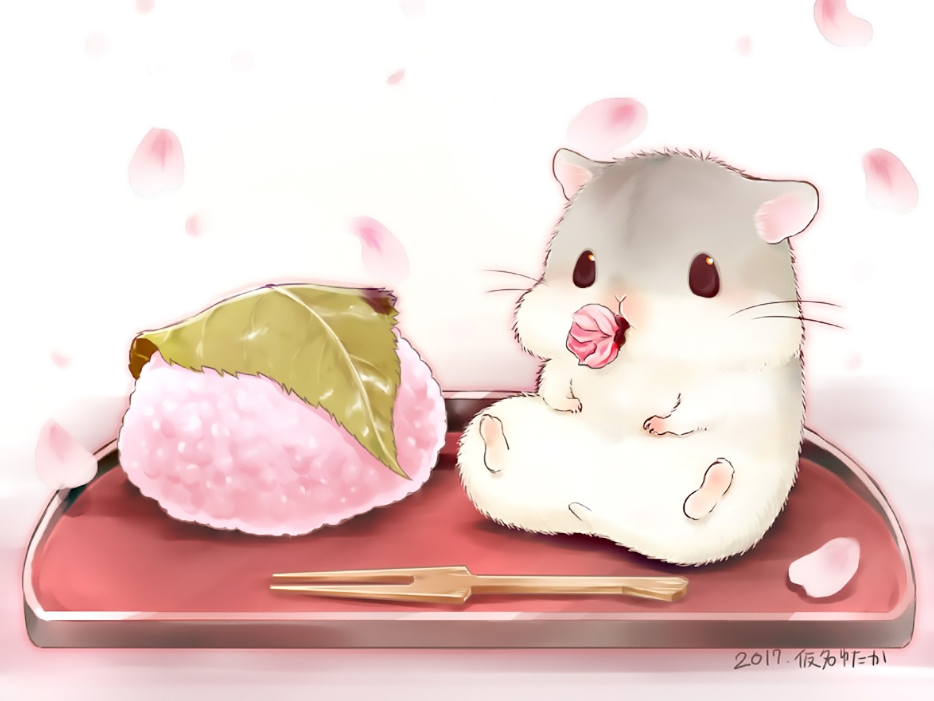 Cute Hamster with Cherry Blossom and Rice Ball HD Wallpaper