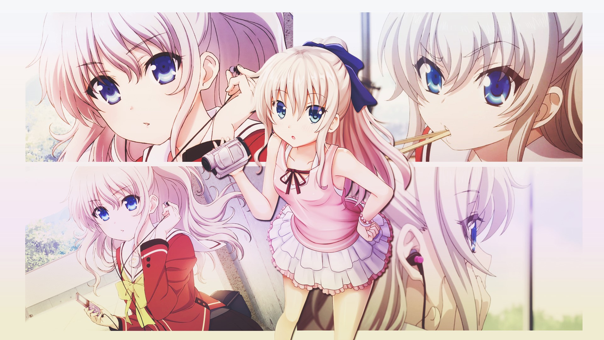 chopsticks, hair bows, blue eyes, school uniform, camera, phone, blonde, ear buds, ponytail, Tomori Nao, anime girls, dress, Charlotte (series) HD Wallpaper