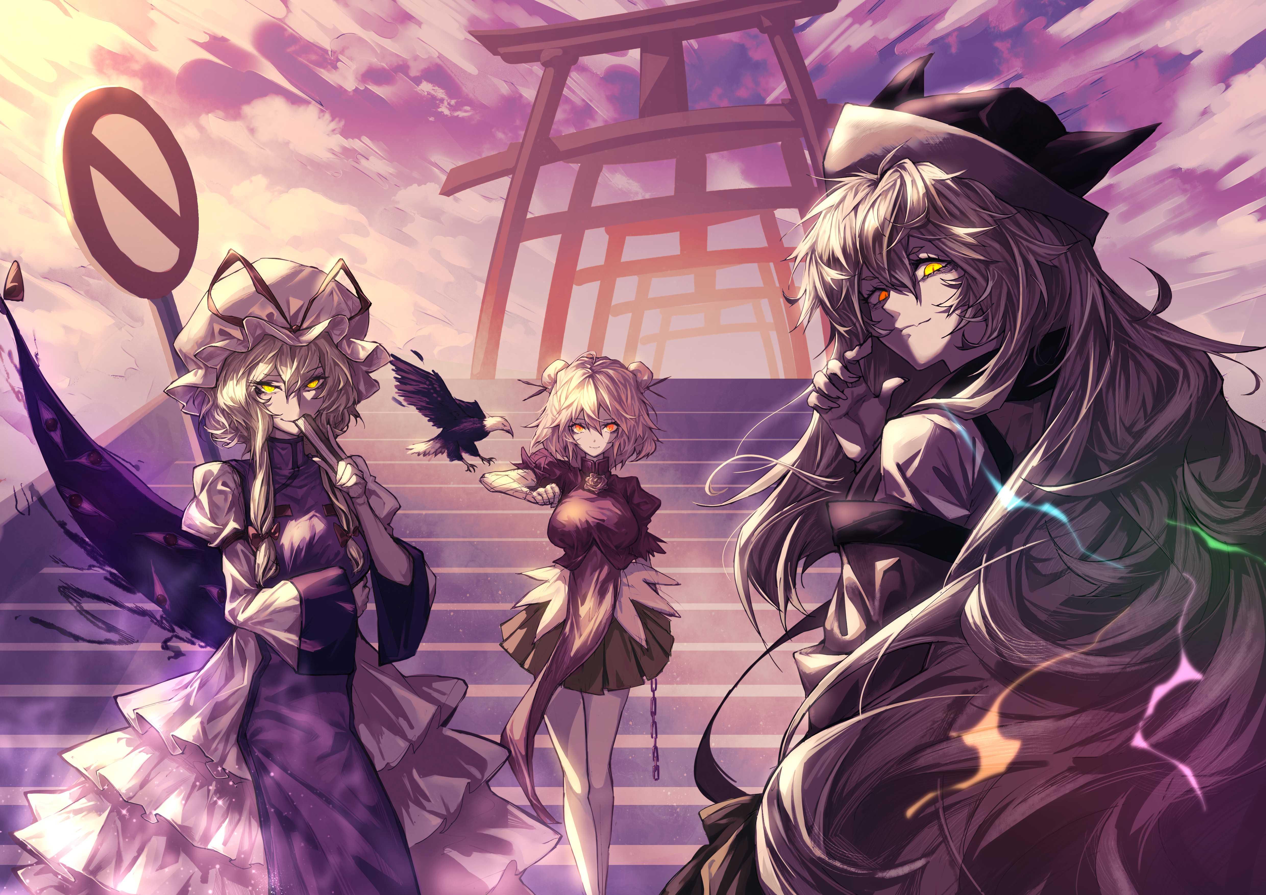 4K, sunset, Ibaraki Kasen, heterochromia, Yakumo Yukari, Matara Okina, yellow eyes, hairbun, anime girls, Touhou, red eyes, short hair, long hair, stairs, twintails, white hair HD Wallpaper
