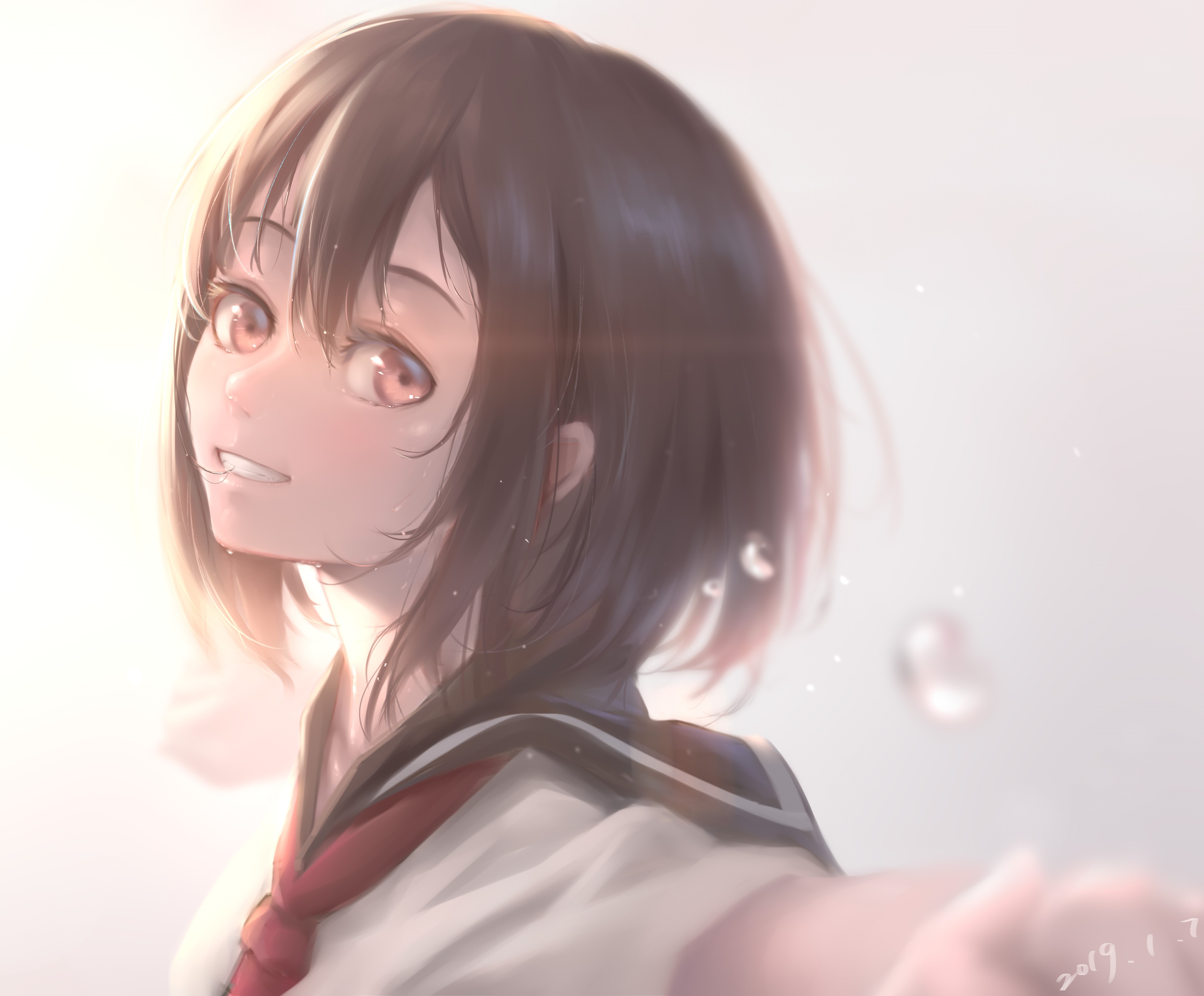 brown eyes, looking at viewer, white background, C-Z-T, smiling, brunette, selfies, water drops, anime girls, short hair, anime, sailor uniform HD Wallpaper