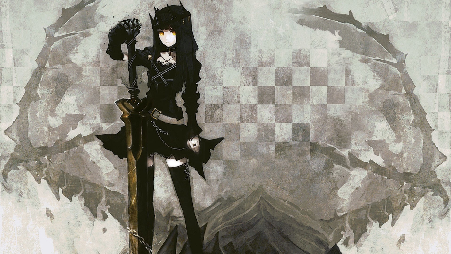 black clothing, anime girls, Black Rock Shooter, sword, orange eyes, short hair, black hair HD Wallpaper