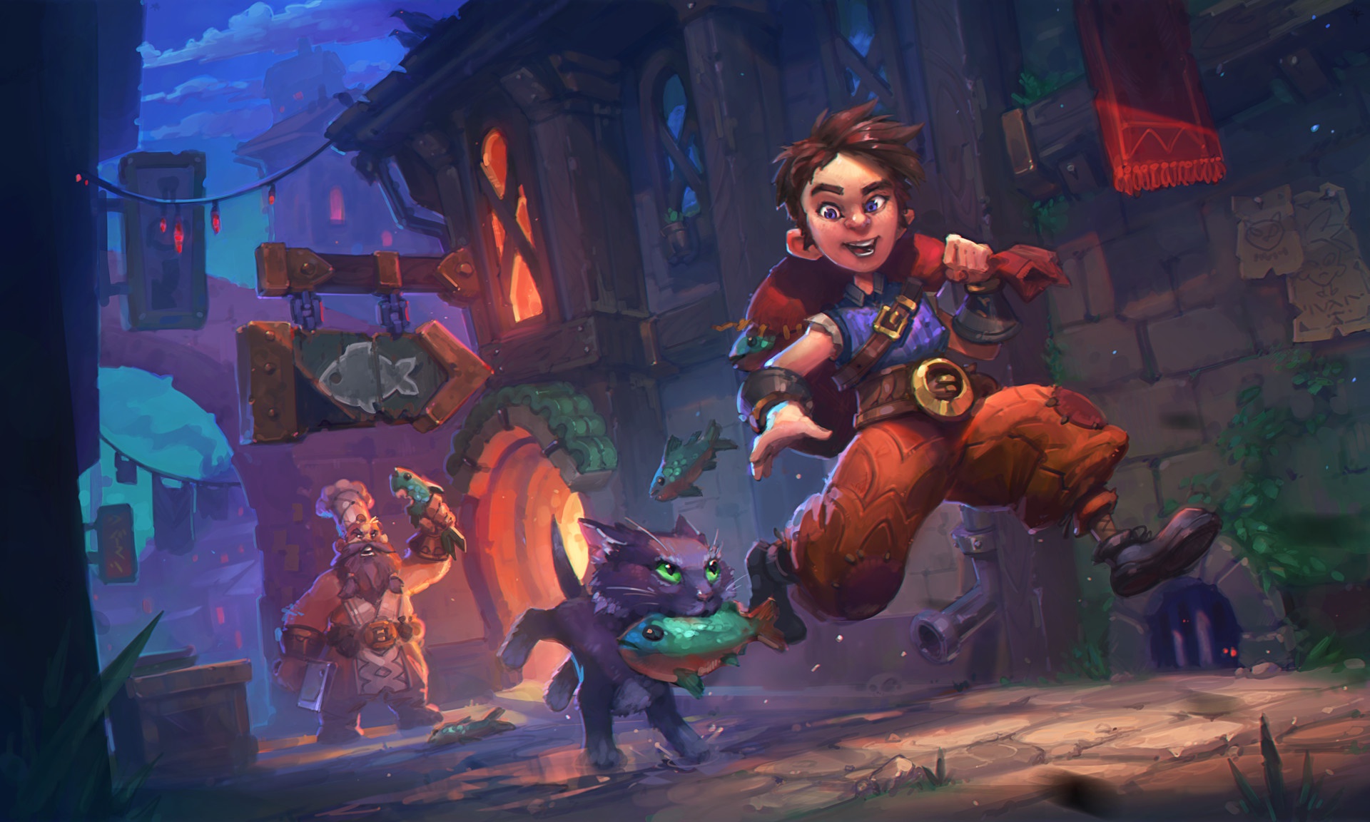 Cat steals fish from a shop with a boy and a dwarf HD Wallpaper