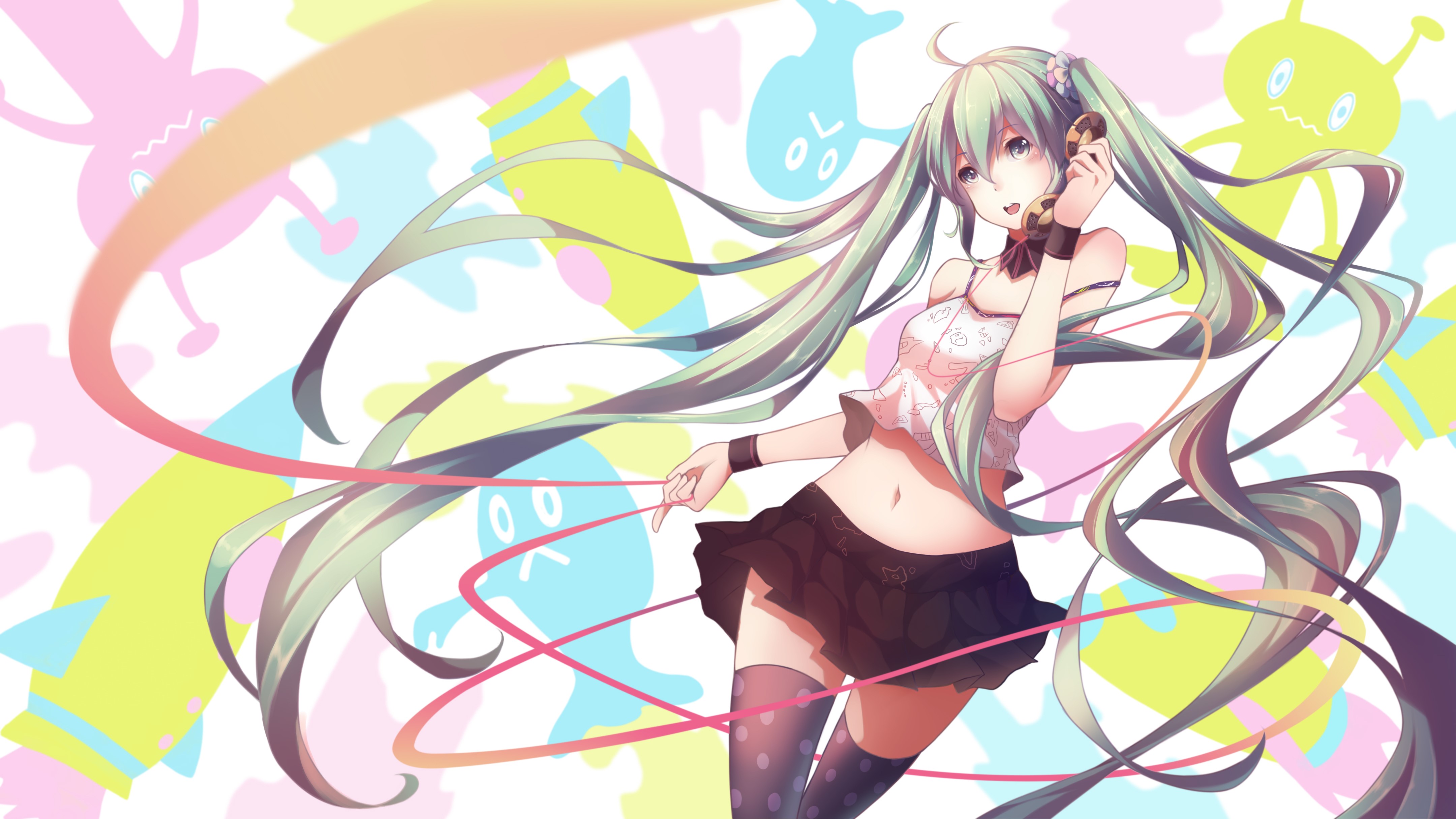 4K, miniskirt, Vocaloid, twintails, anime girls, stockings, phone, tank top, skirt, teal hair, thigh-highs, Hatsune Miku HD Wallpaper