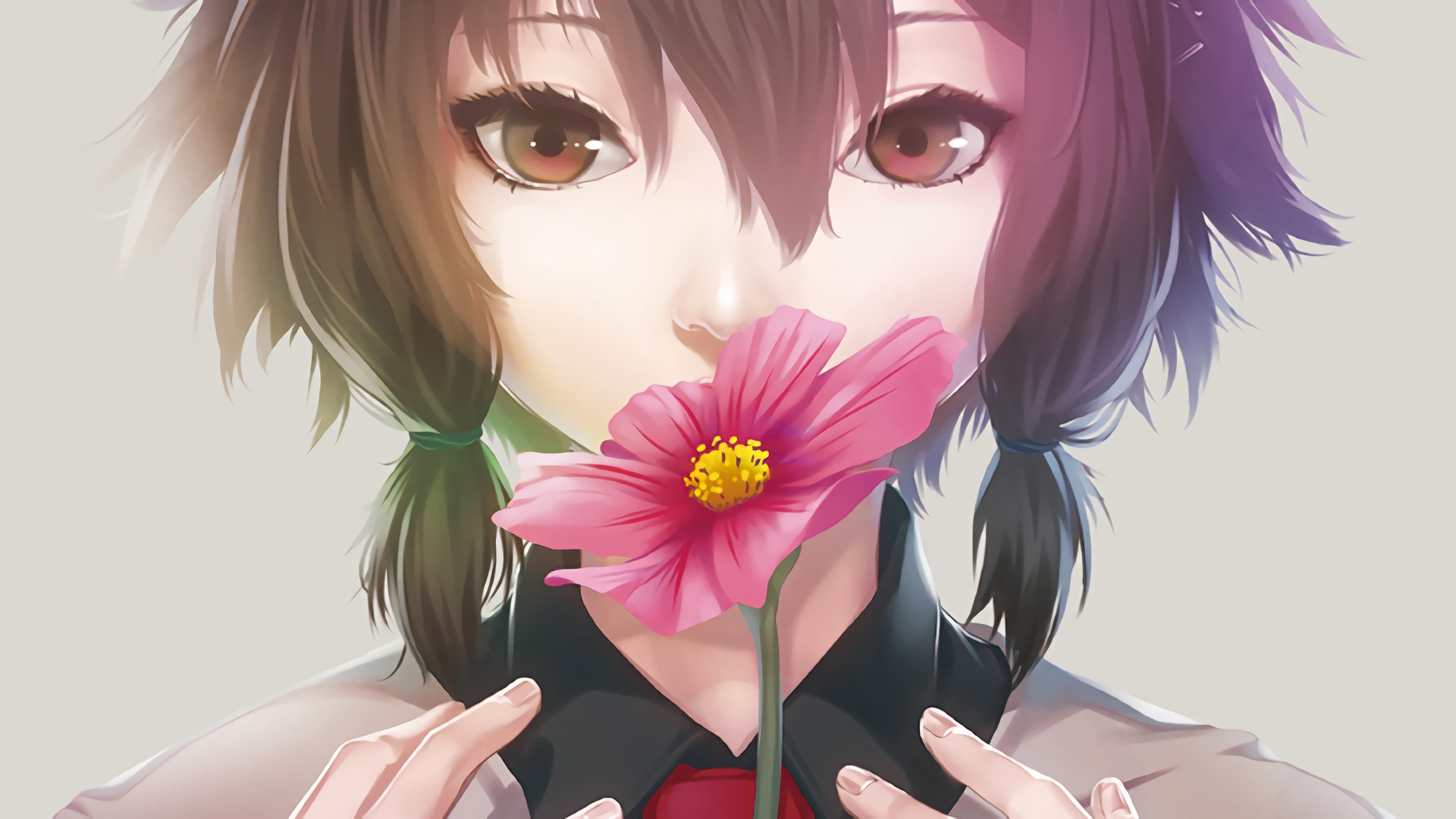 school uniform, pink flowers, twintails, anime girls, brown eyes, brunette, closeup HD Wallpaper
