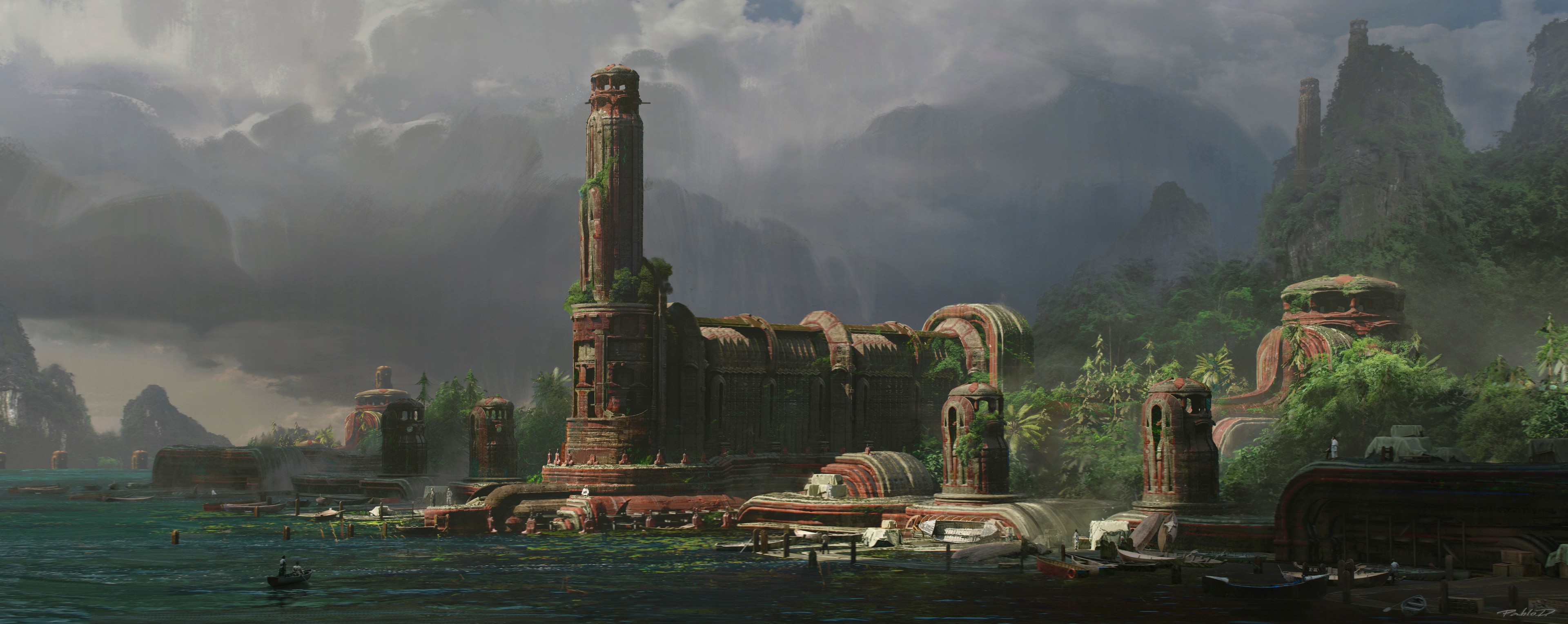 4K, digital art, Pablo Dominguez, landscape, fantasy architecture HD Wallpaper