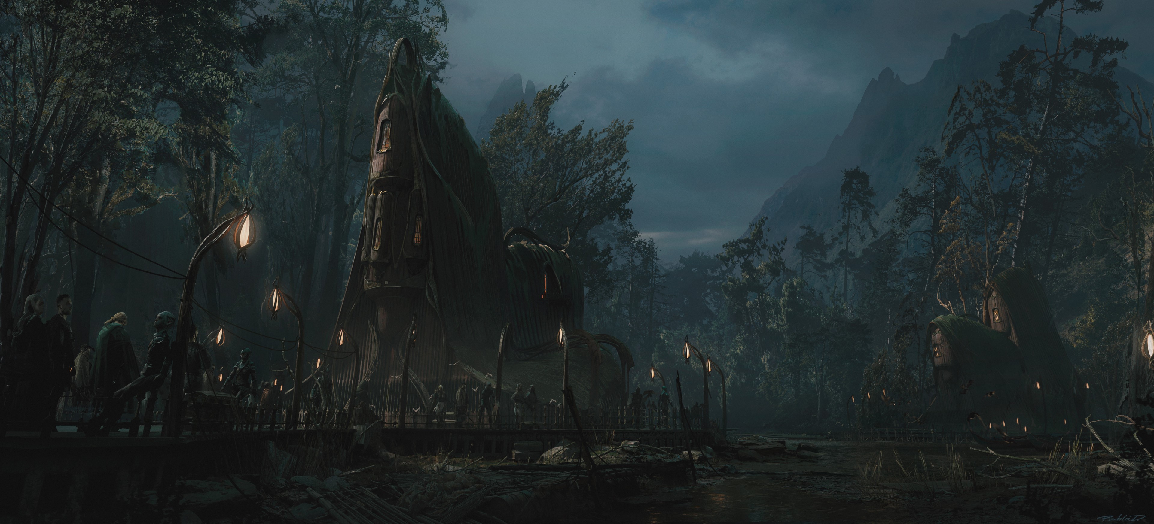 4K, fantasy art, Pablo Dominguez, landscape, digital art, swamp, fantasy architecture HD Wallpaper