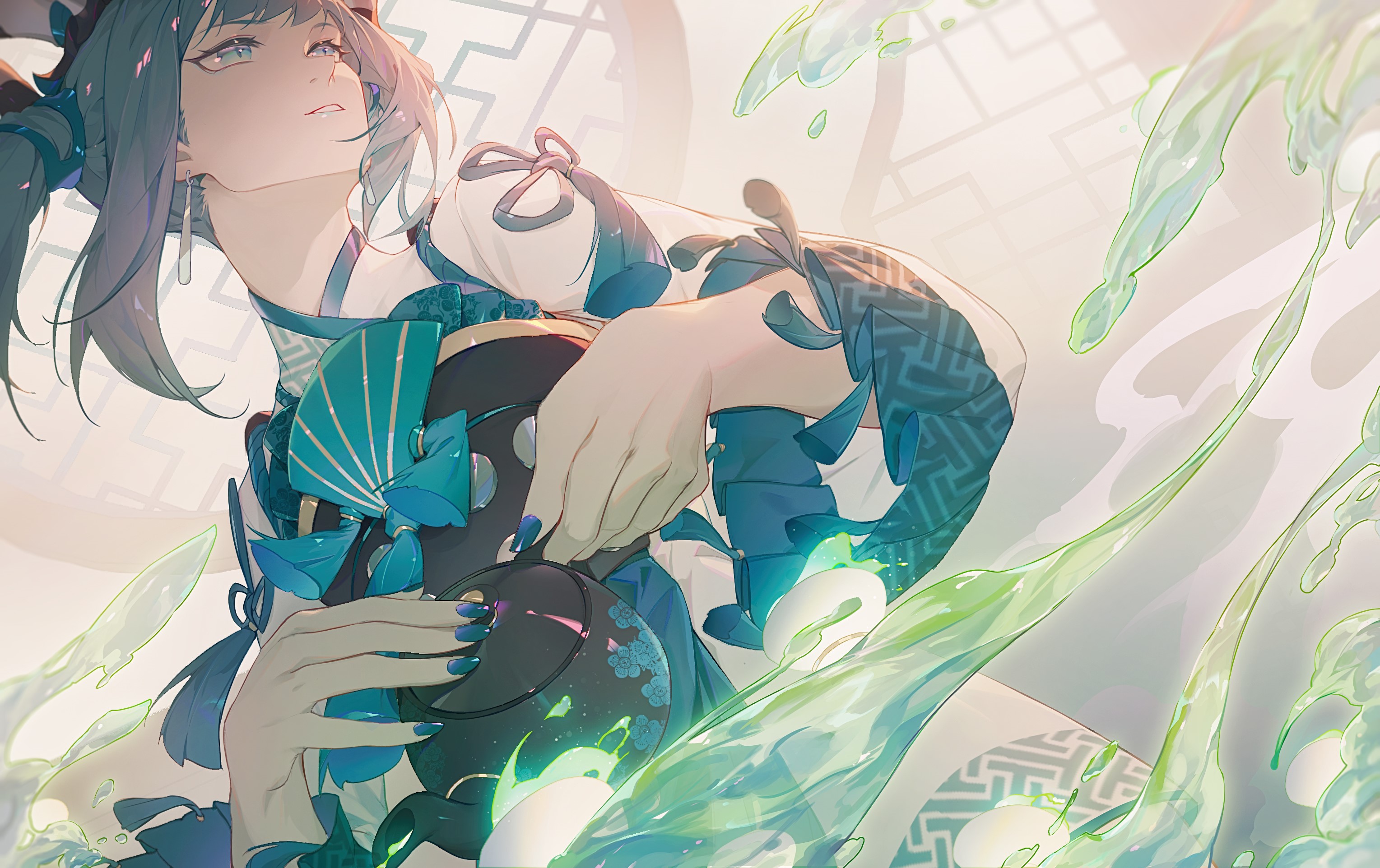 looking away, anime, long nails, gray hair, tea pot, teaceremony, blue nails, artwork, earrings, Japanese clothes, anime girls, Zhiyan Li HD Wallpaper