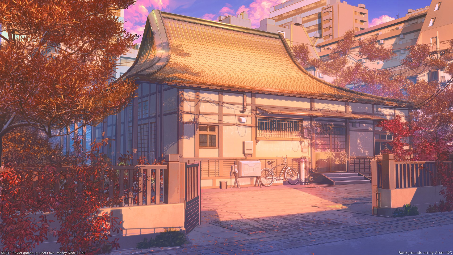 trees, phone lines, ArseniXC, apartments, Arseniy Chebynkin, gates, digital art HD Wallpaper