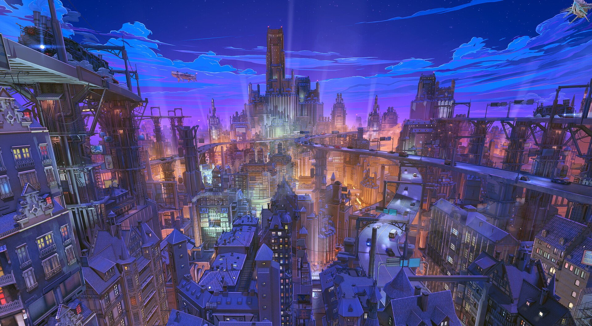 Citadel, landscape, airships, Arseniy Chebynkin, car, digital art, clouds, ArseniXC HD Wallpaper