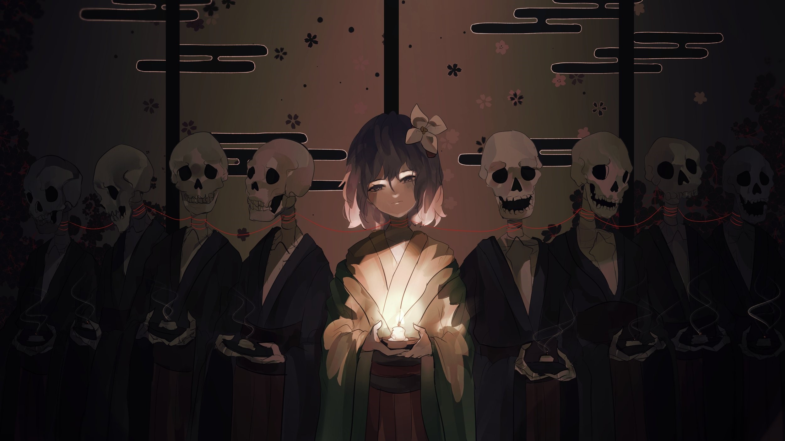 short hair, skeleton, barrette, anime girls, smoke, bones, kimono, candles, anime, dark eyes, thread HD Wallpaper