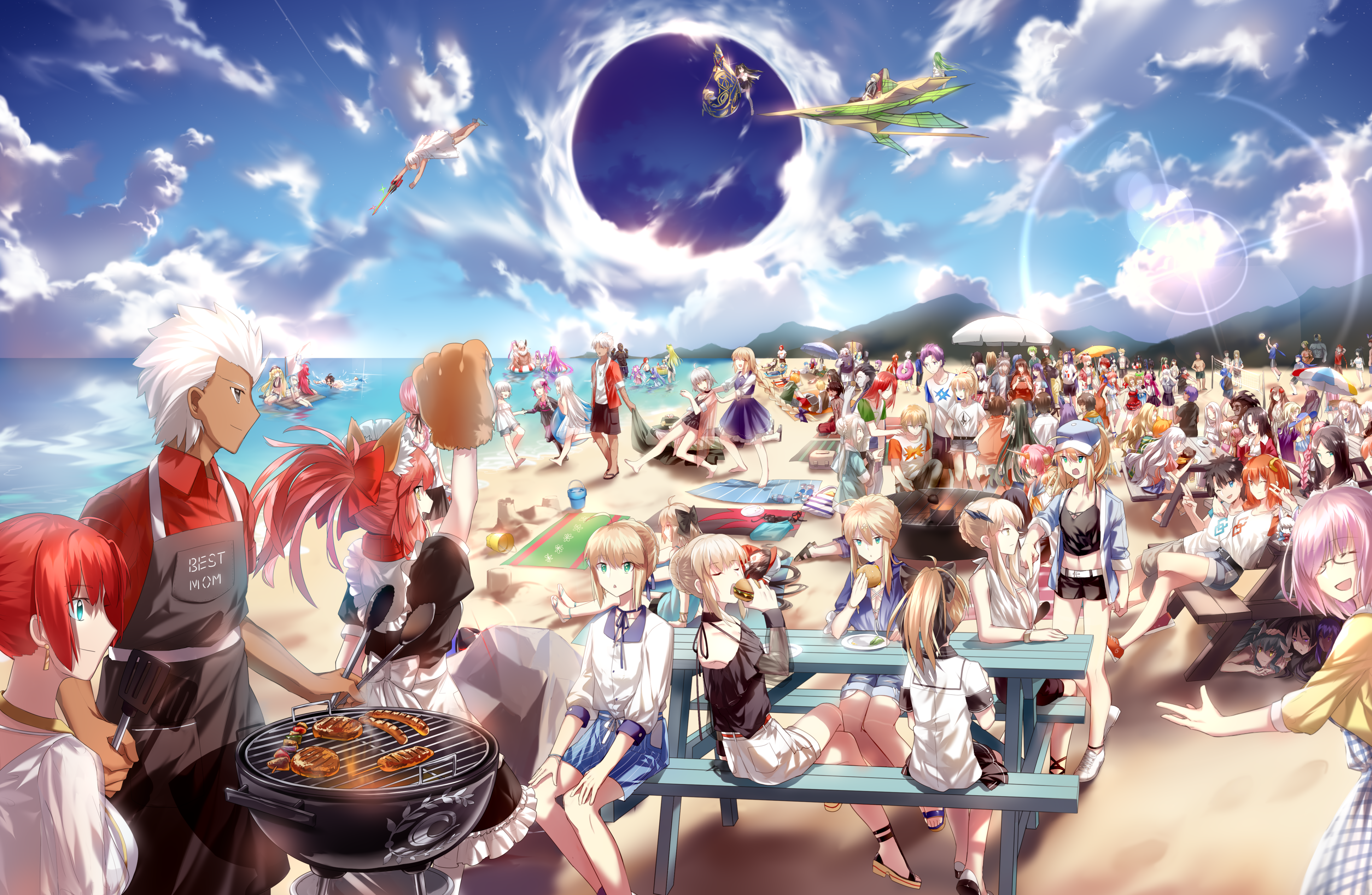 4K, group of women, Group of Men, clouds, Fate/Grand Order, Fate Series, sky, anime, anime boys, anime girls, barbecue HD Wallpaper