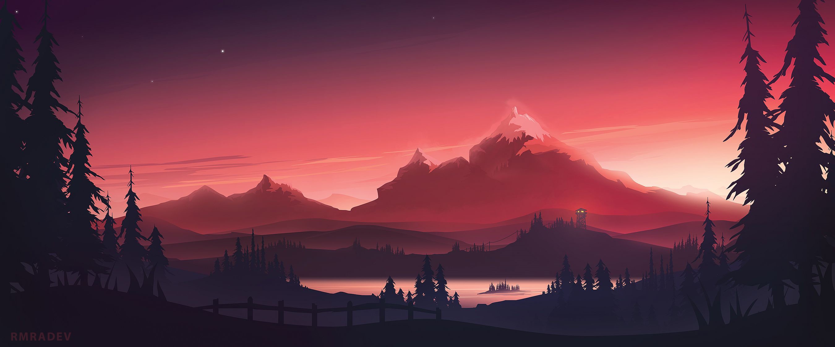 trees, sunset, landscape, rmRadev, mountain chain, mountains, digital painting, Firewatch, lake HD Wallpaper