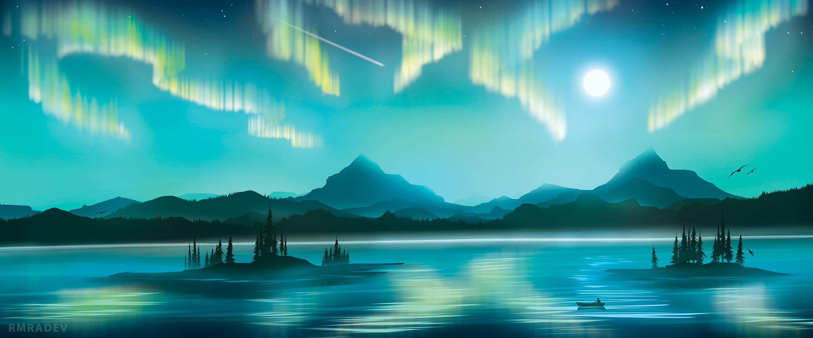 island, boat, mountains, trees, moonlight, digital painting, aurorae, rmRadev, landscape, birds, lake, sky HD Wallpaper