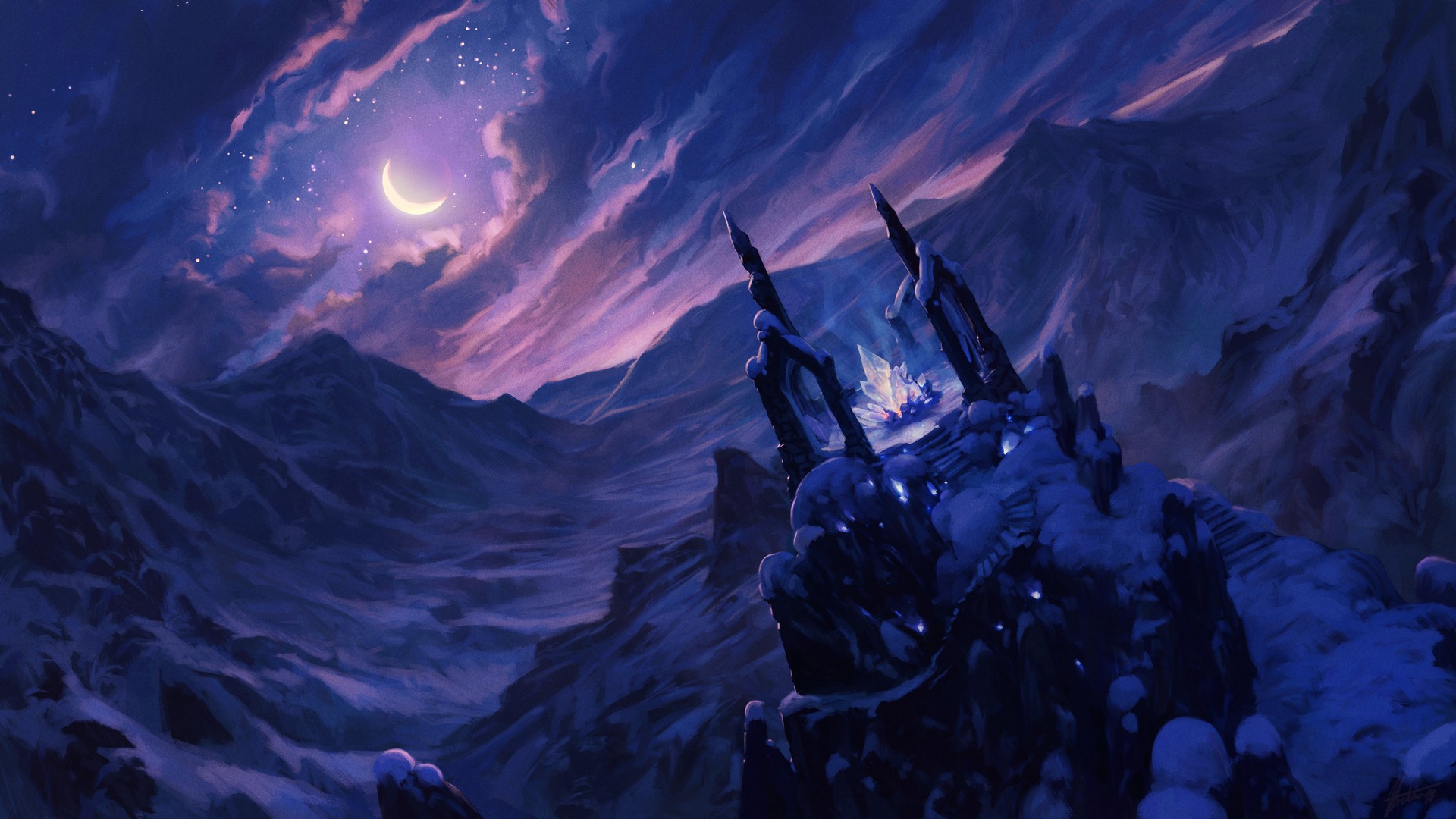 Ondřej Hrdina, crystal, digital art, fantasy art, Moon, landscape, starry night HD Wallpaper