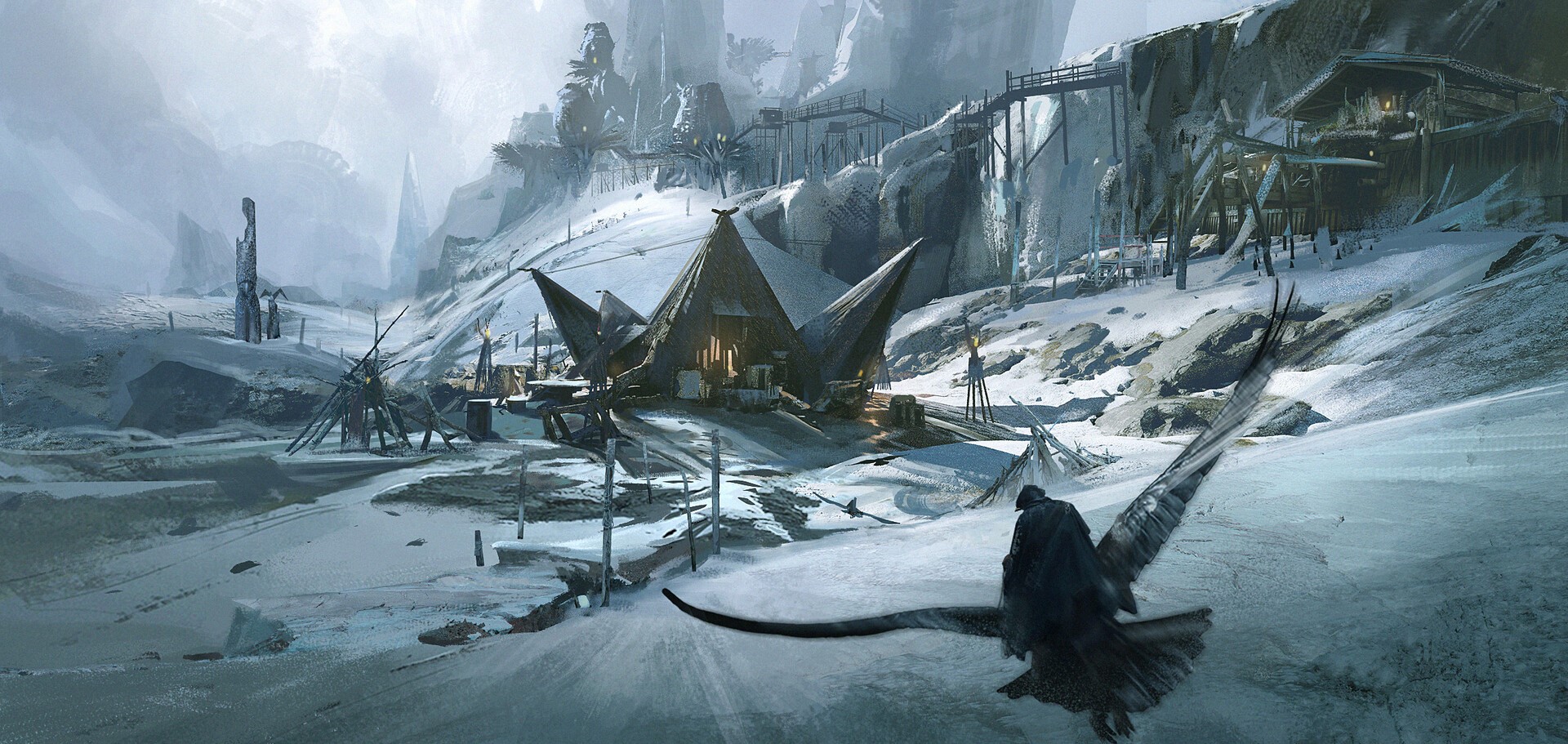 wooden huts, crow, fantasy architecture, fantasy art, digital art, cliff, Liang Mark, snow HD Wallpaper
