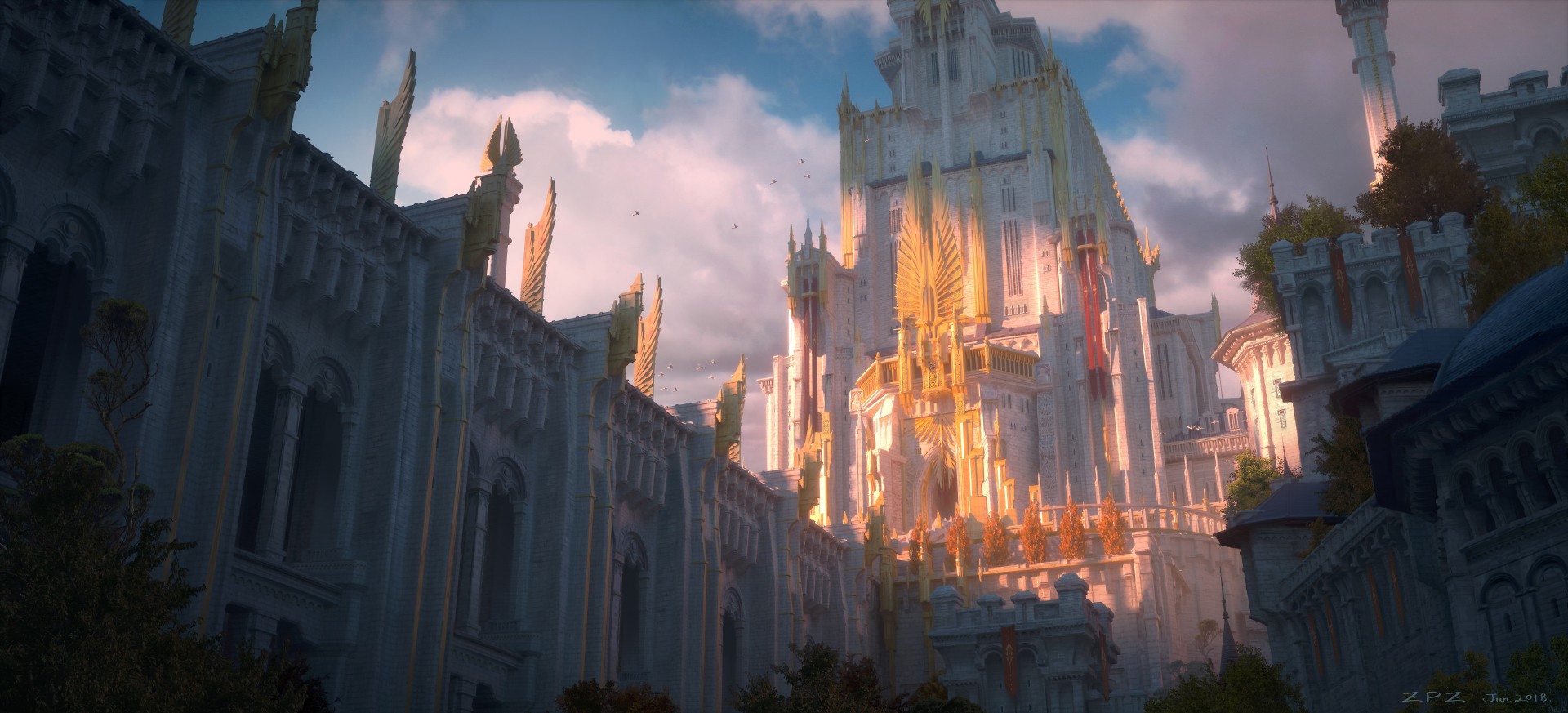 fantasy architecture, fantasy art, digital art, landscape, castle, Pengzhen Zhang HD Wallpaper