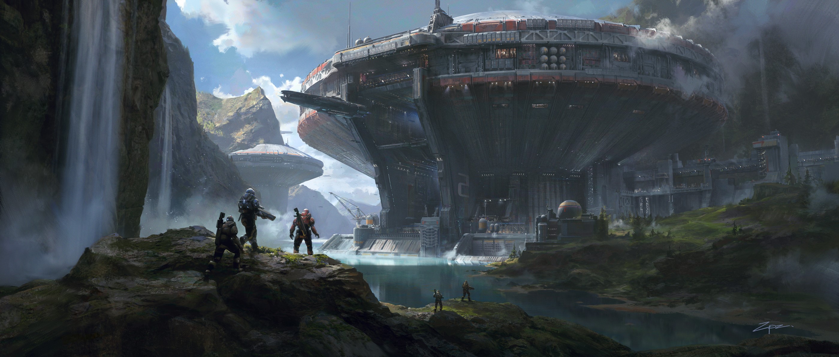 Pengzhen Zhang, digital art, waterfall, landscape, science fiction HD Wallpaper