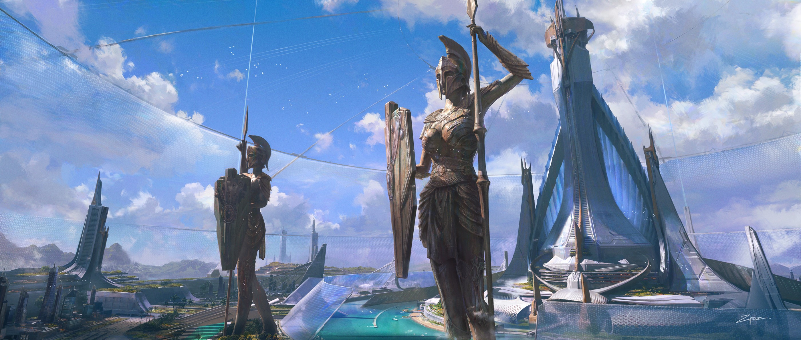 Pengzhen Zhang, digital art, landscape, Atlantis HD Wallpaper