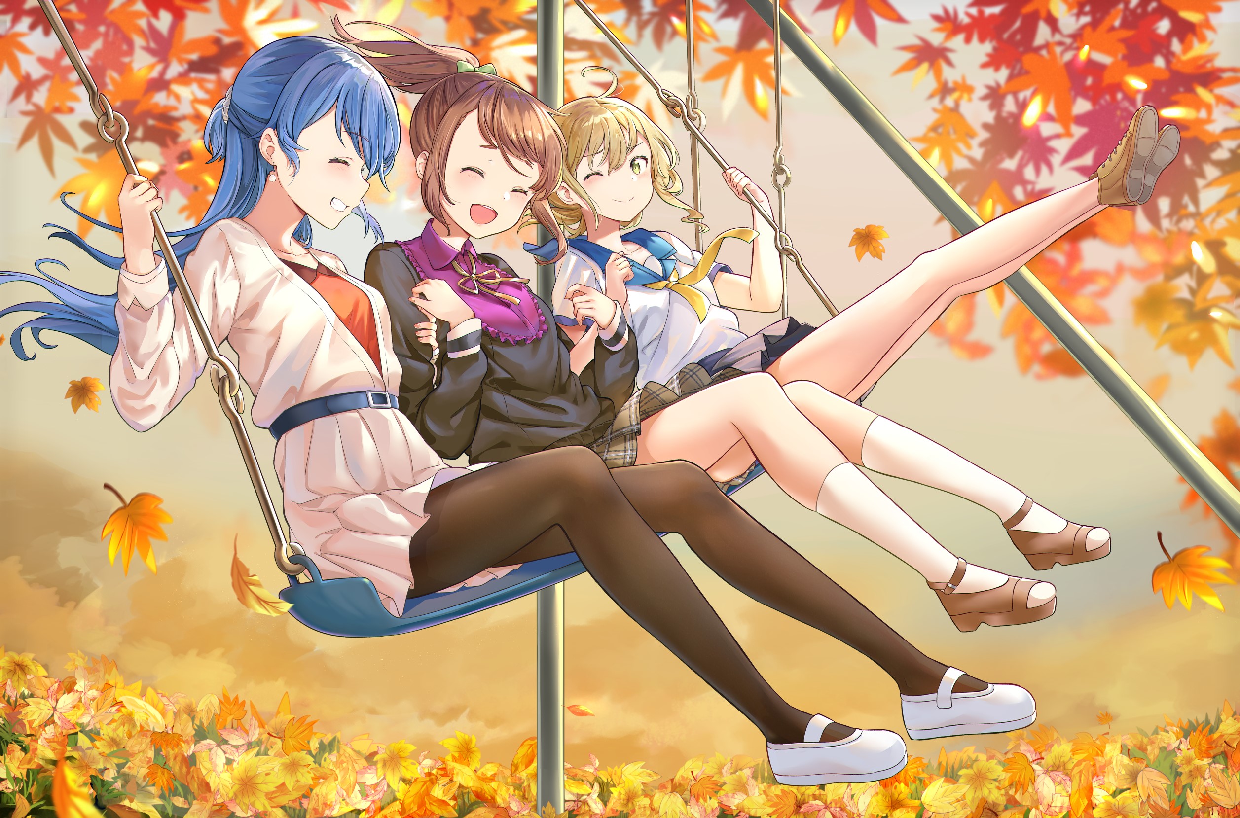 legs, pantyhose, brunette, blonde, artwork, anime girls, one eye closed, MOSTA Ask, blue hair, skirt, closed eyes, swings, anime, fall, smiling HD Wallpaper