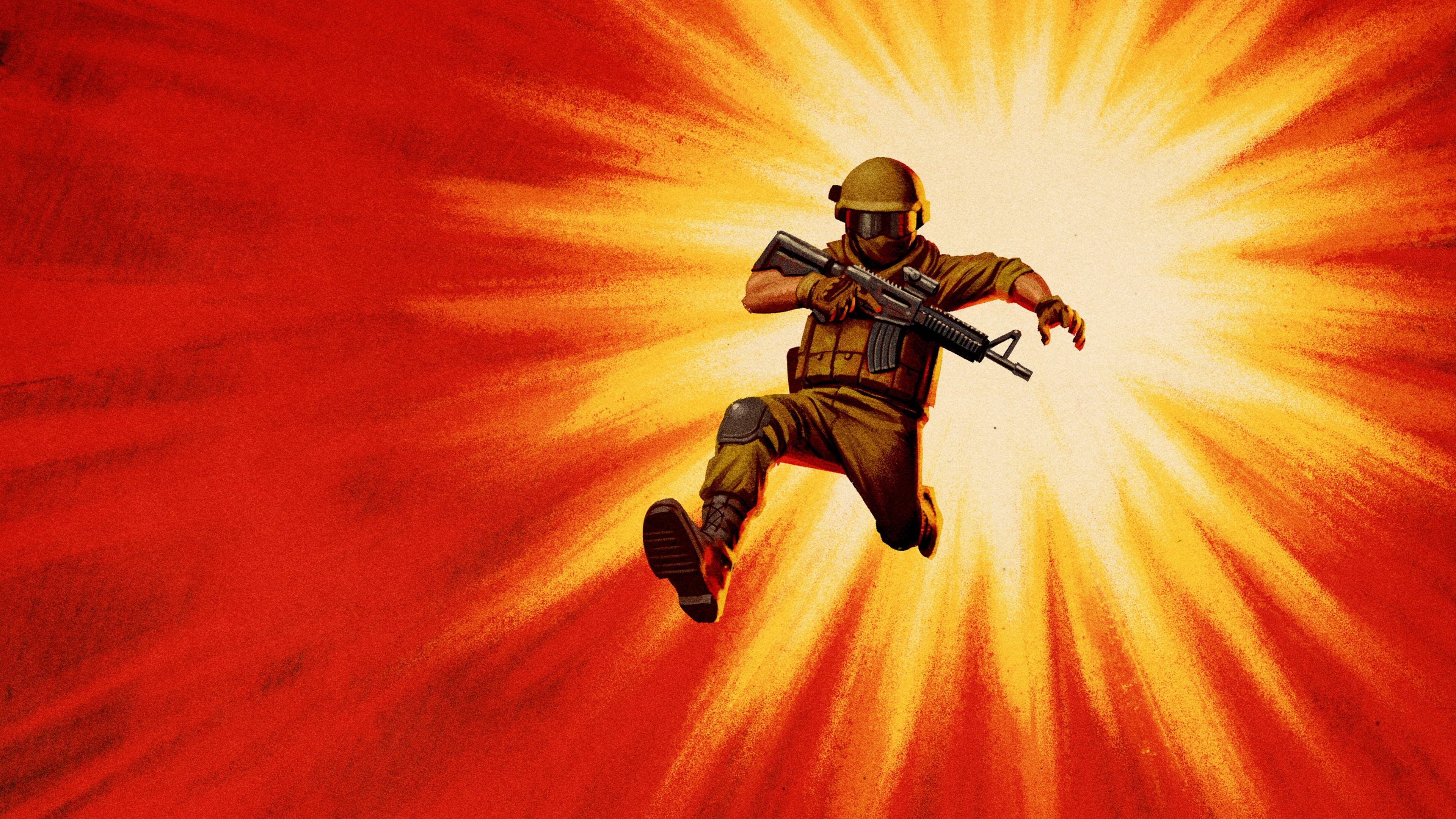 4K, machine gun, artwork, weapon, soldier, red background, illustration, military HD Wallpaper
