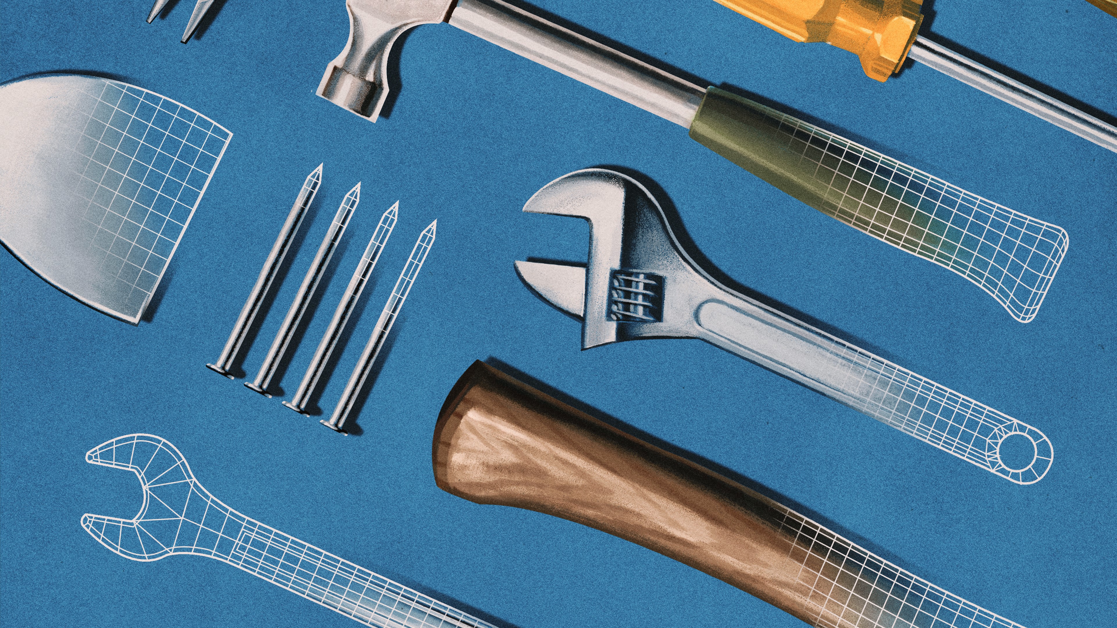 4K, illustration, artwork, screwdriver, blue background, tools, hammer, nails HD Wallpaper