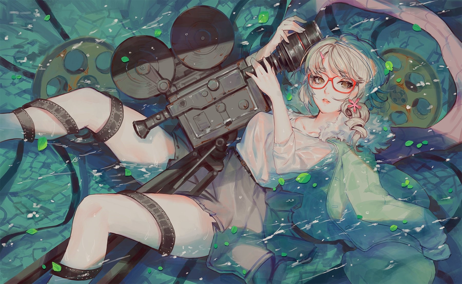 tripod, looking at viewer, camera, anime girls, barrette, short hair, blonde, brown eyes, anime, Camera Tripod, petals, film reel, jacket, glasses, in water HD Wallpaper