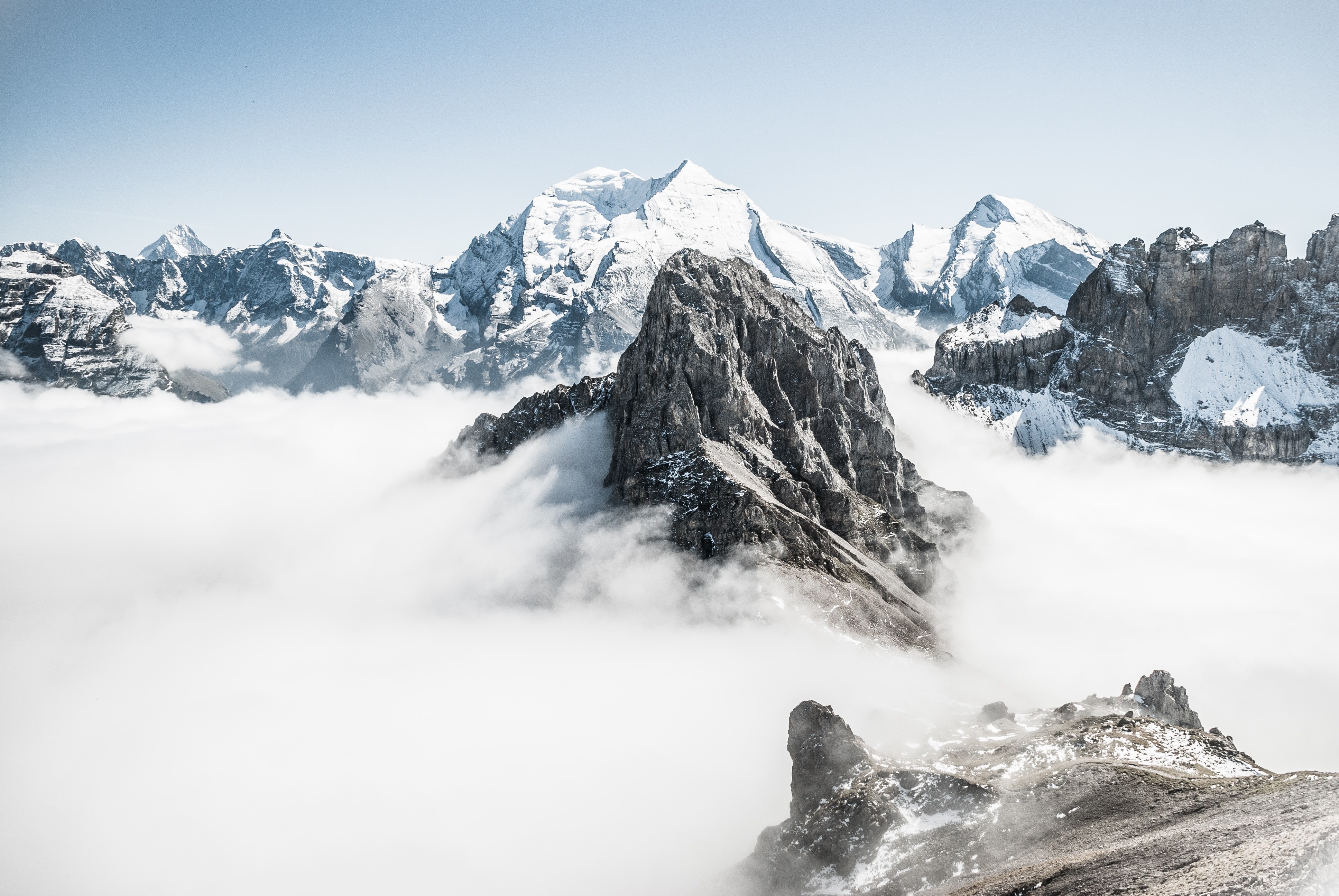 4K, mountains, clouds, Swiss Alps, nature HD Wallpaper