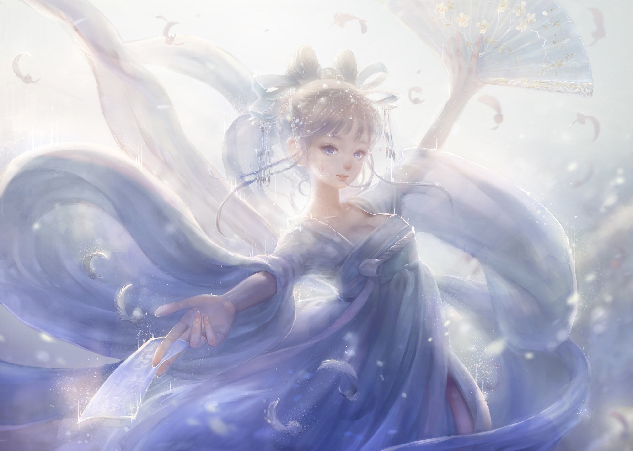 long nails, hand fan, God, looking at viewer, anime, blue eyes, anime girls, feathers, ribbons HD Wallpaper