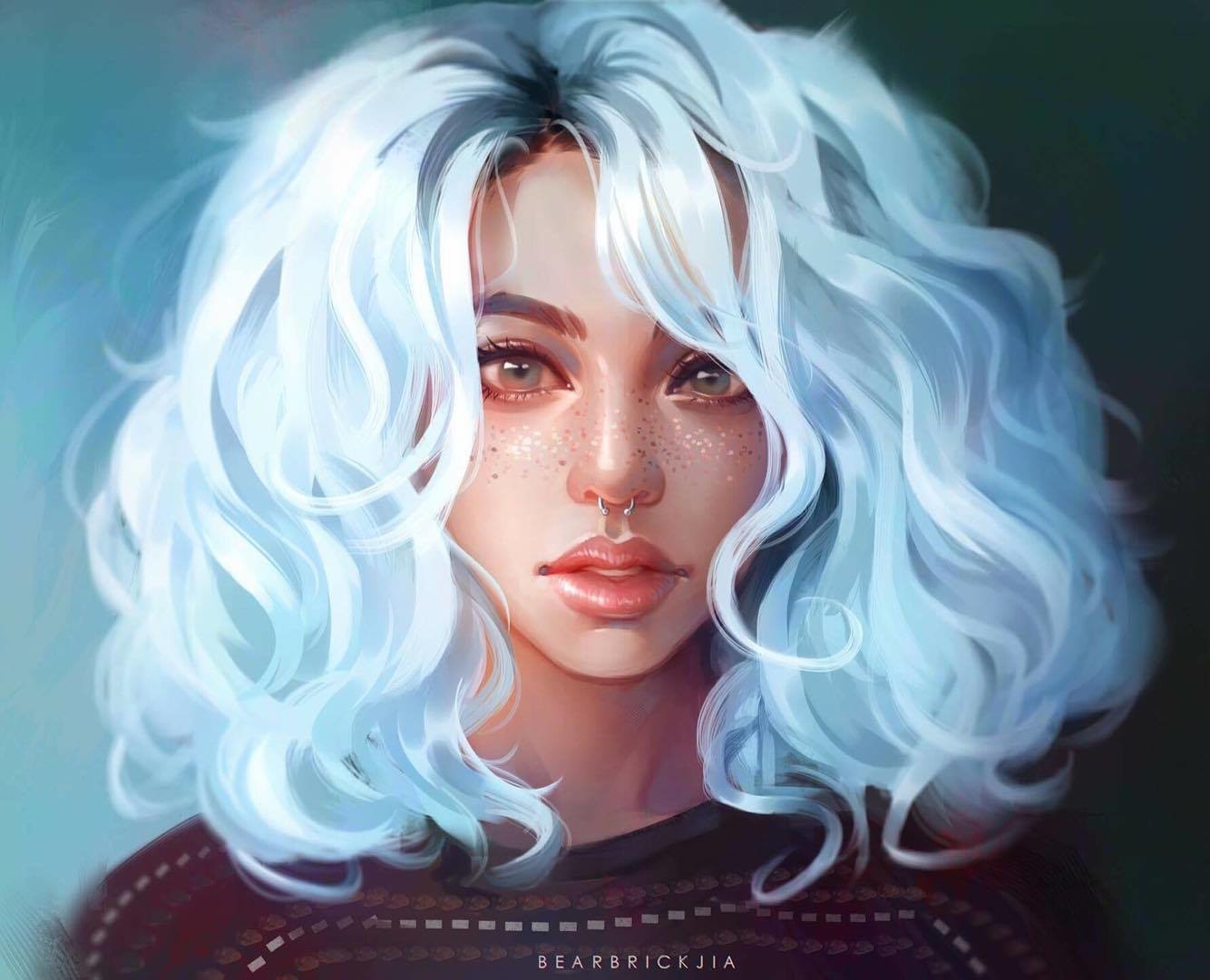 women, nose ring, artwork, blue hair, freckles HD Wallpaper