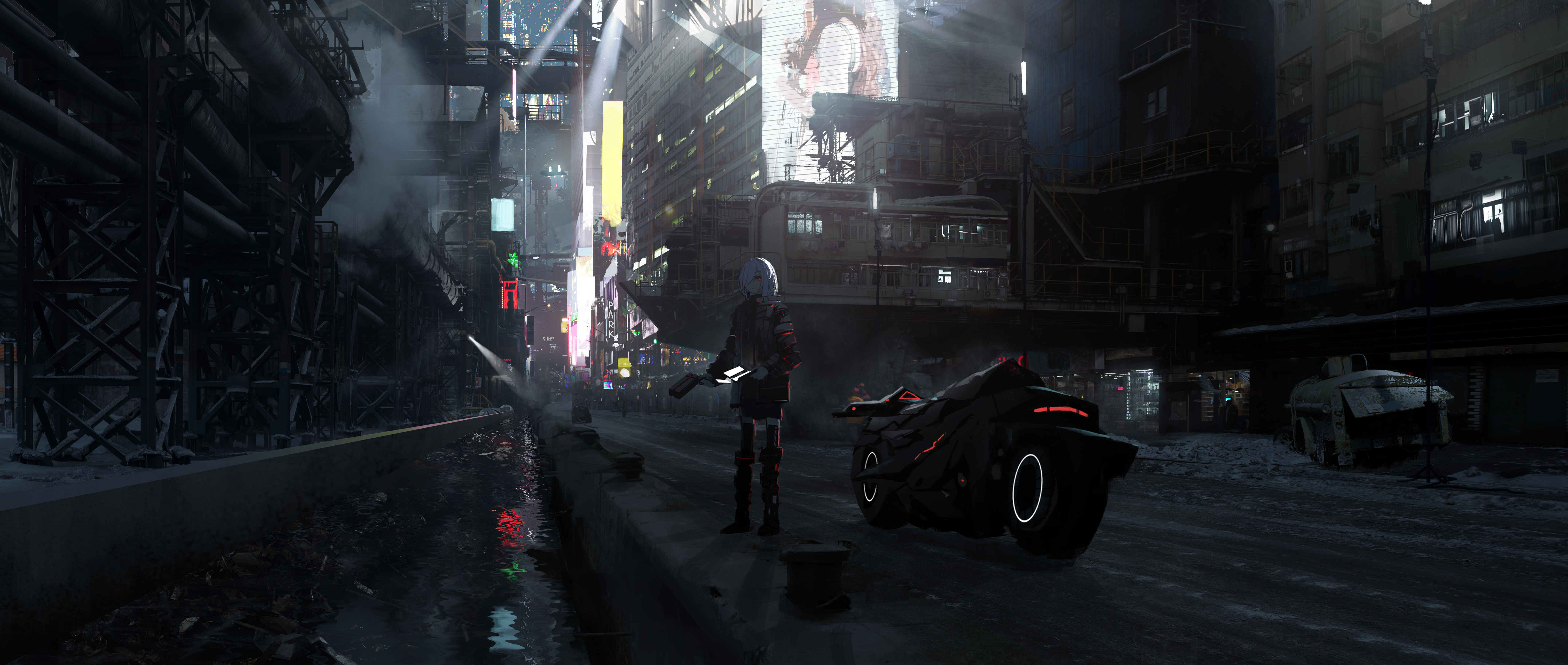 4K, daylight, Asteroid (artist), neon, cyberpunk, motorcycle HD Wallpaper