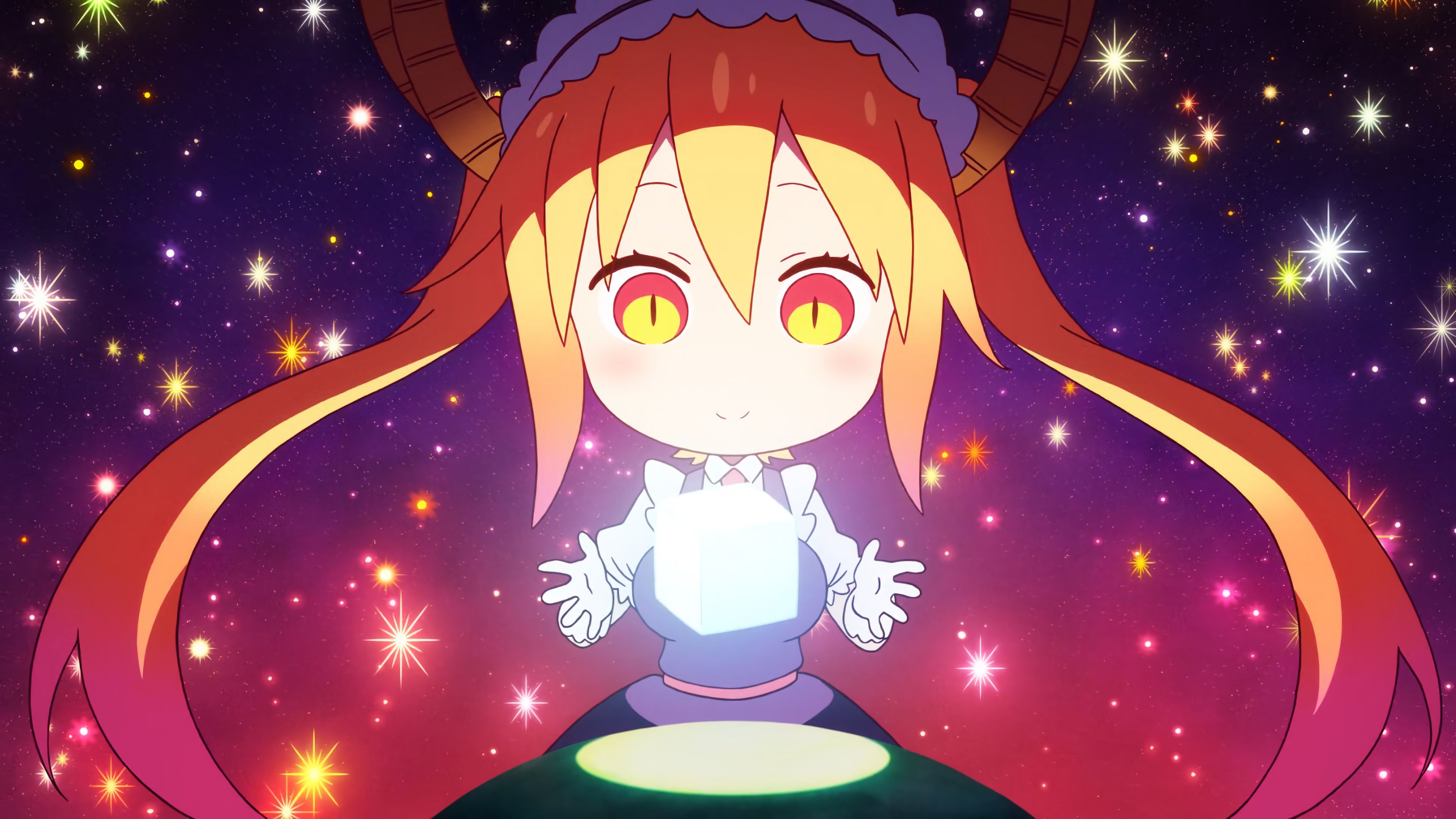 4K, twintails, stars, sugar, Tohru (Kobayashi-san Chi no Maid Dragon), maid, maid outfit, anime girls, chibi, dragon girl, Kobayashi-san Chi no Maid Dragon HD Wallpaper