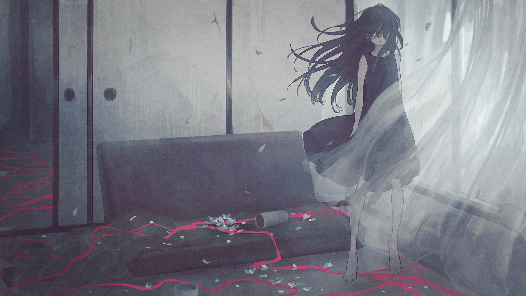 couch, long hair, petals, ribbons, anime girls, anime, curtains, black hair, black dress HD Wallpaper