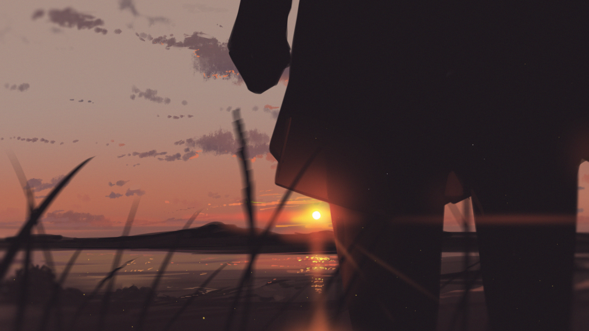 anime girls, lake, mountains, sunset, clouds, landscape, sky, Arttssam HD Wallpaper