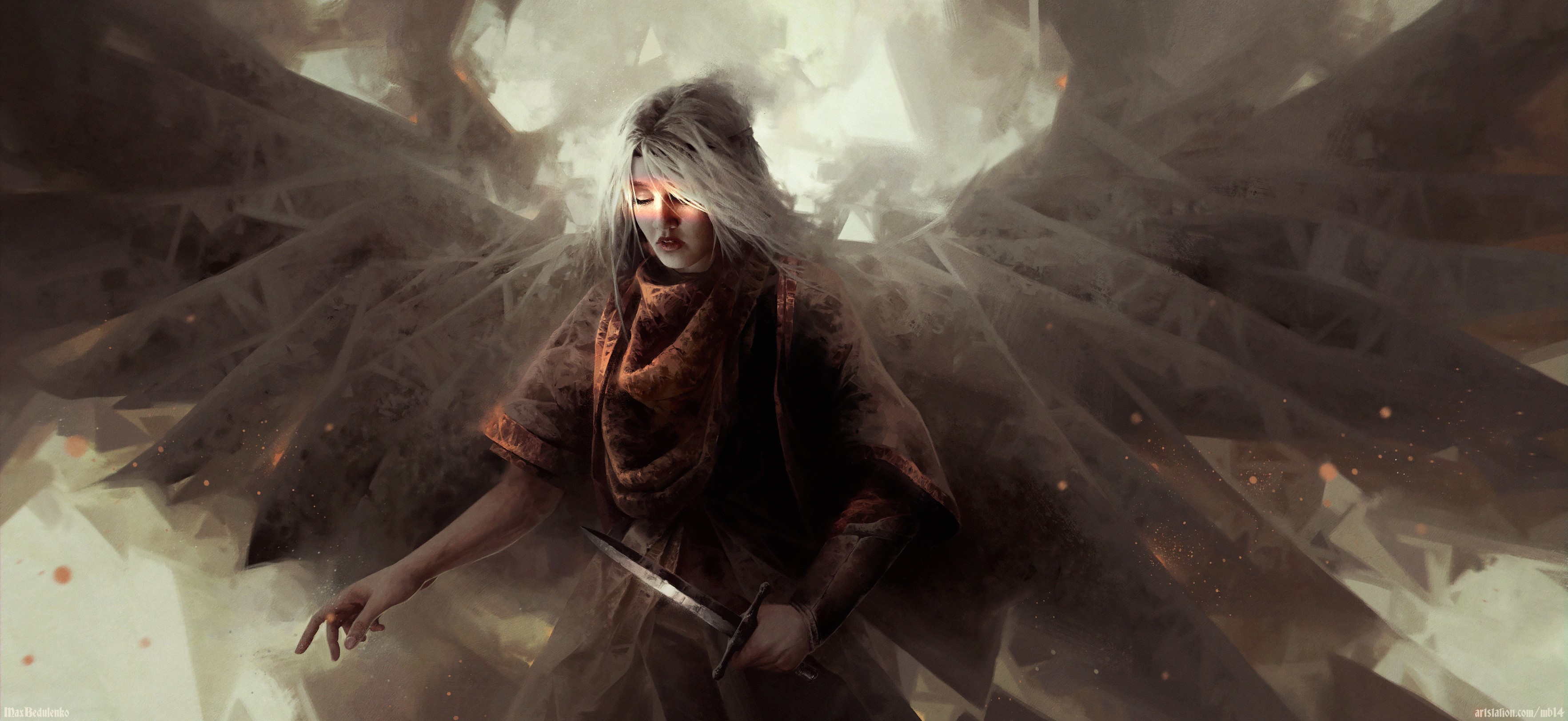 fantasy art, digital art, angel, dagger, Max Bedulenko HD Wallpaper