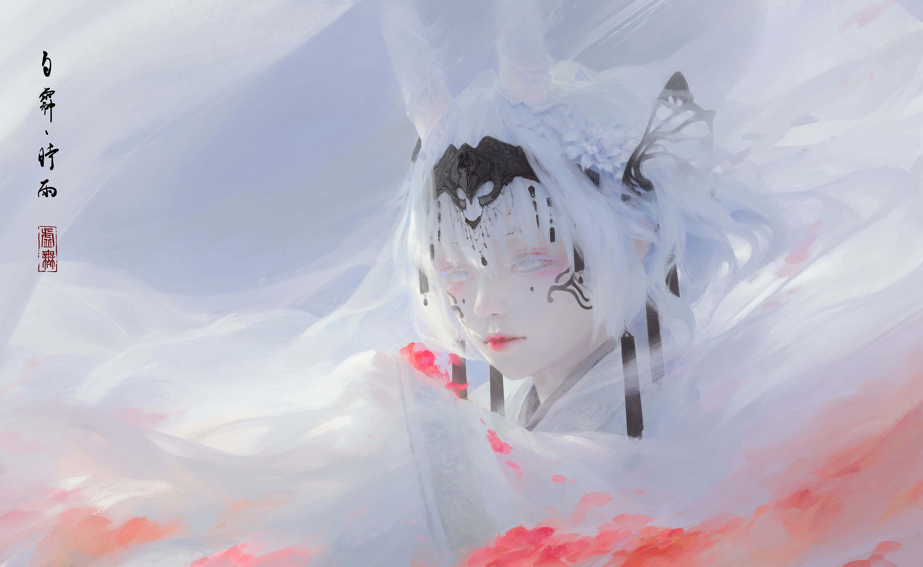 petals, fictional character, horns, fantasy girl, kimono, blonde, digital art, white eyes, women, short hair HD Wallpaper