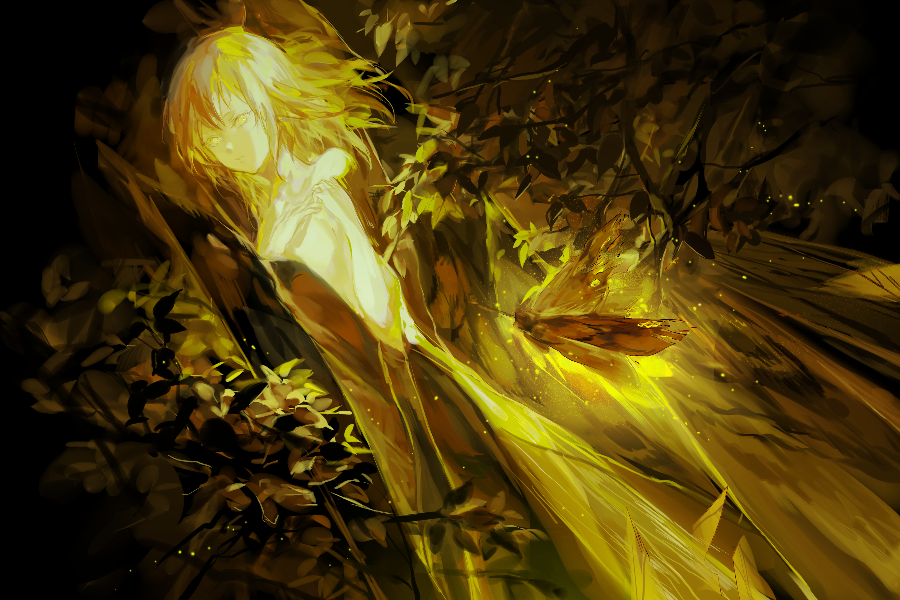trees, moth, petals, anime, long hair, anime girls, yellow hair, yellow eyes HD Wallpaper