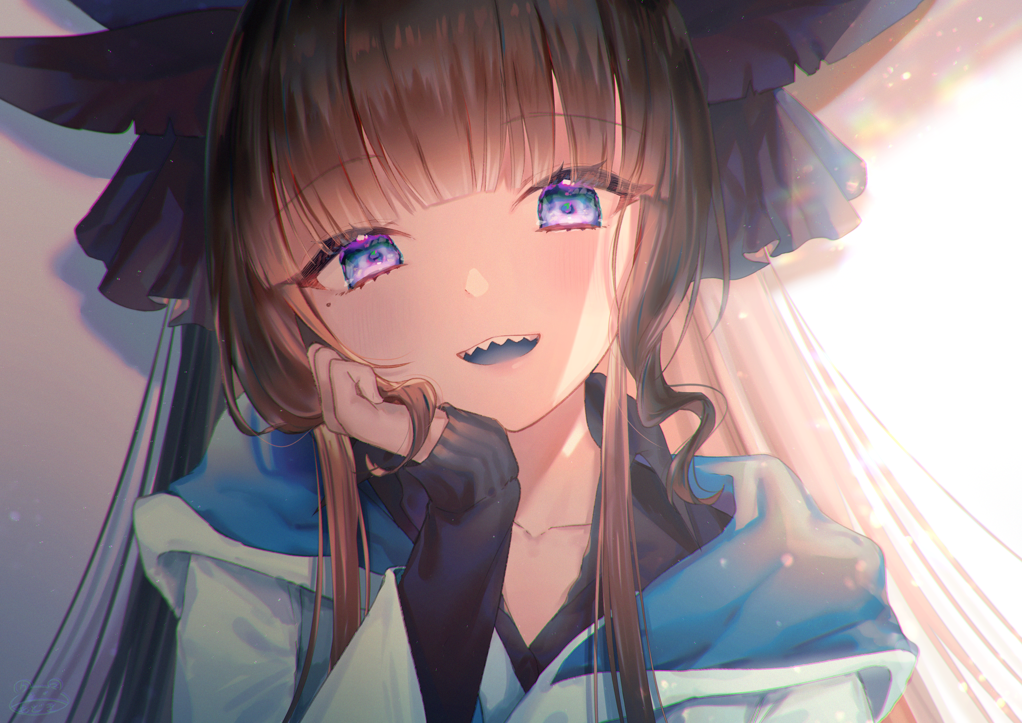 4K, Virtual Youtuber, anime girls, anime, brunette, Artemis of the Blue, bangs, artwork, smiling, Modoki Kuma, purple eyes HD Wallpaper