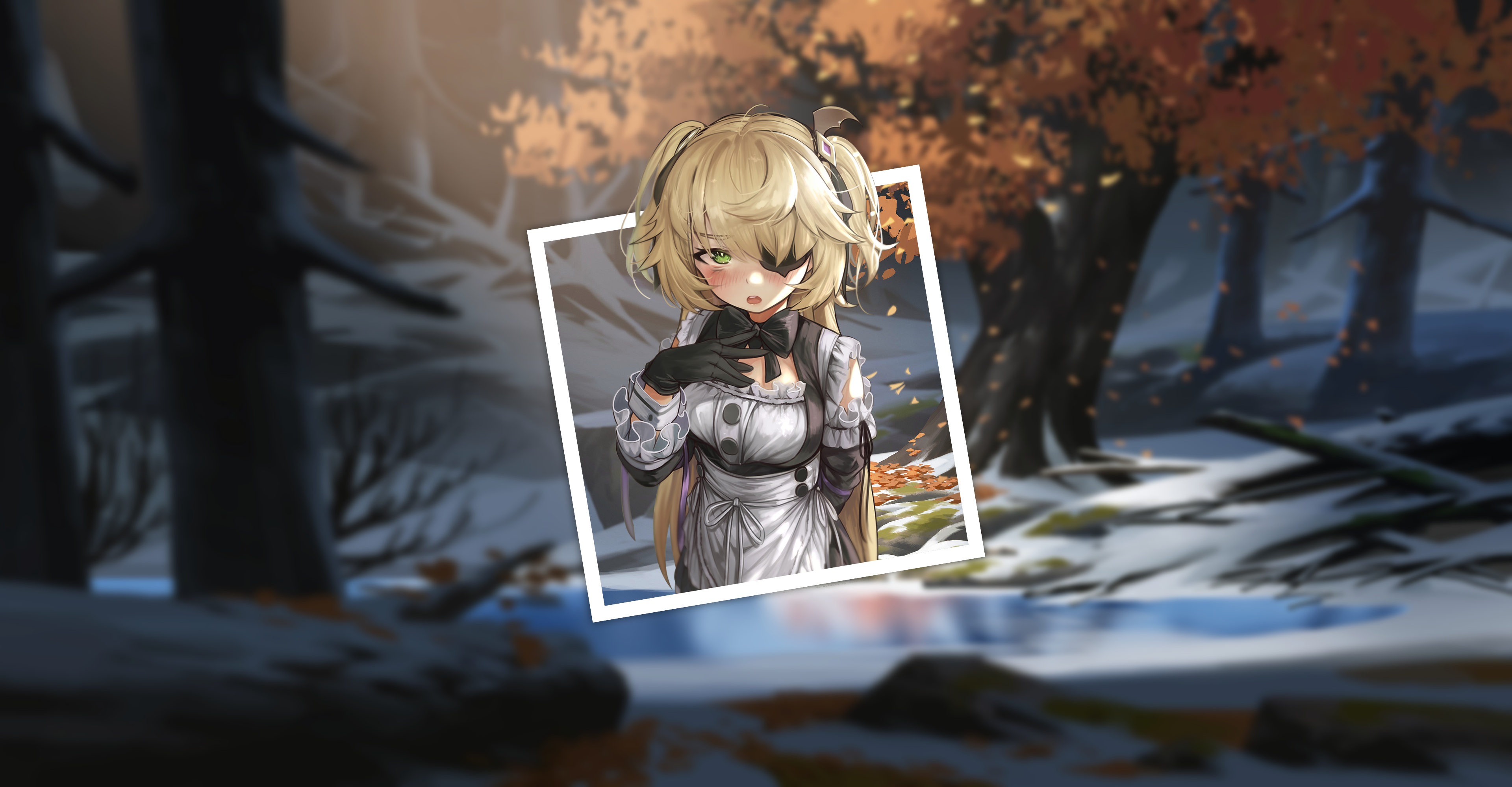 4K, forest, picture-in-picture, Genshin Impact, winter, Fischl (Genshin Impact) HD Wallpaper