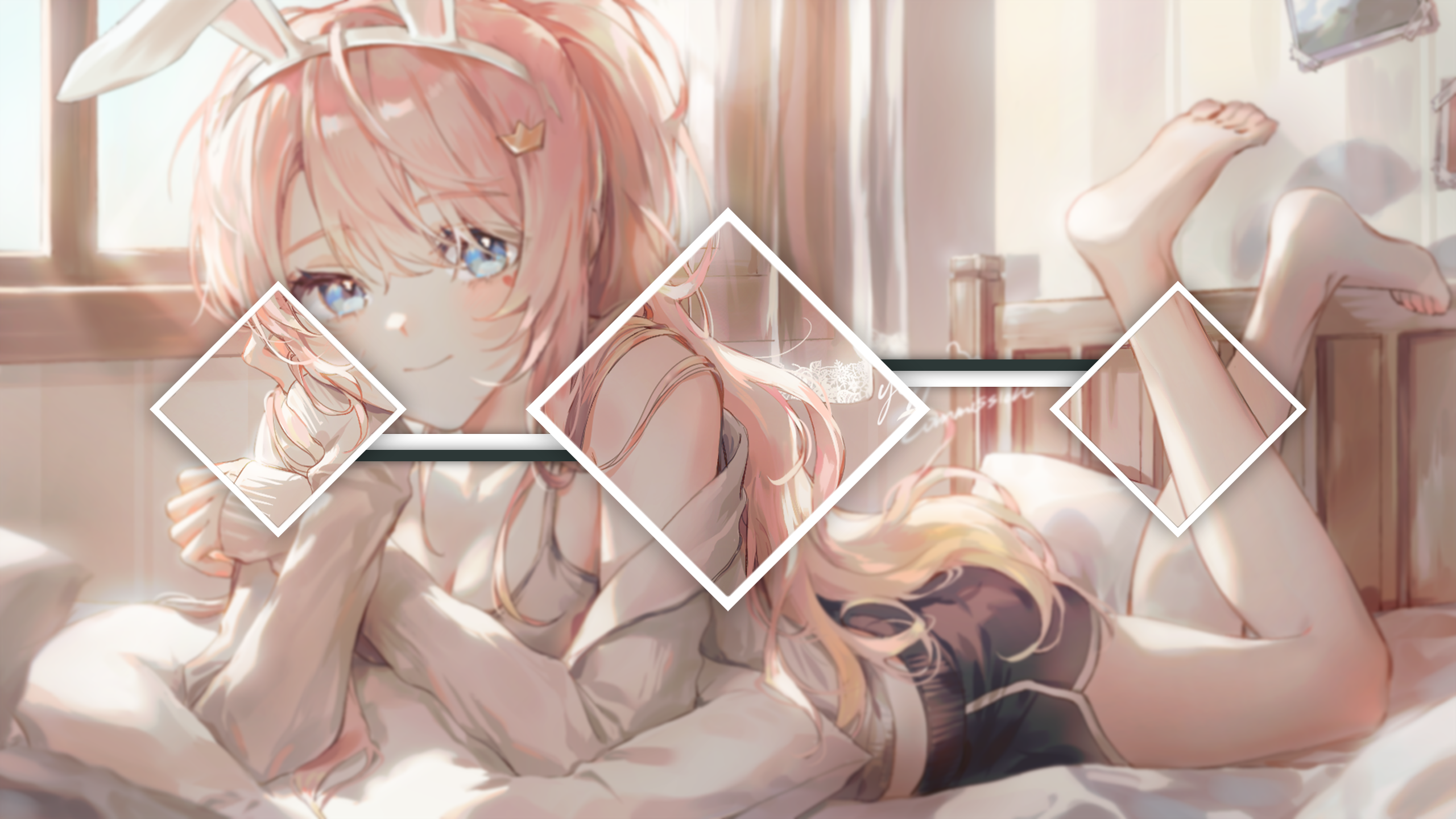 pink hair, bunny ears, in bed, anime girls, Kellymonica02, blue eyes HD Wallpaper
