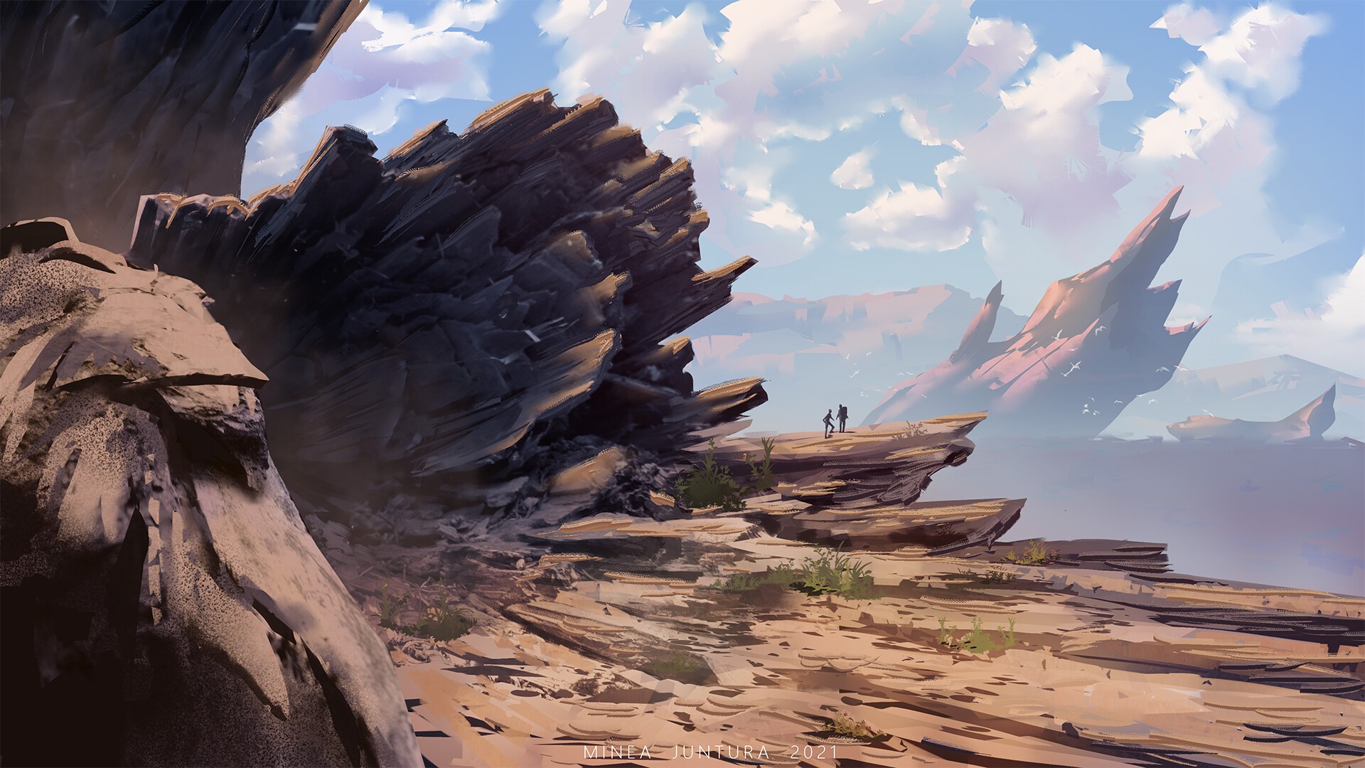 mountains, hiker, rock formation, digital art, Minjuart, clouds, birds HD Wallpaper