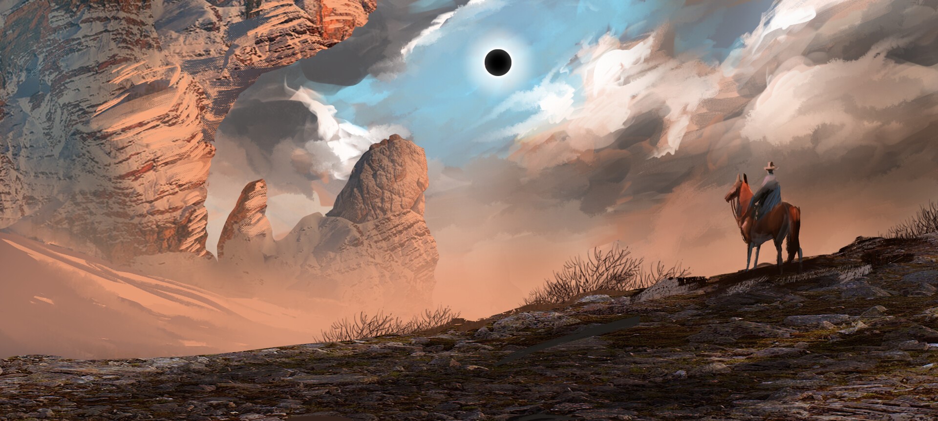 digital art, cowboy, black holes, eclipse, Minjuart, horse HD Wallpaper