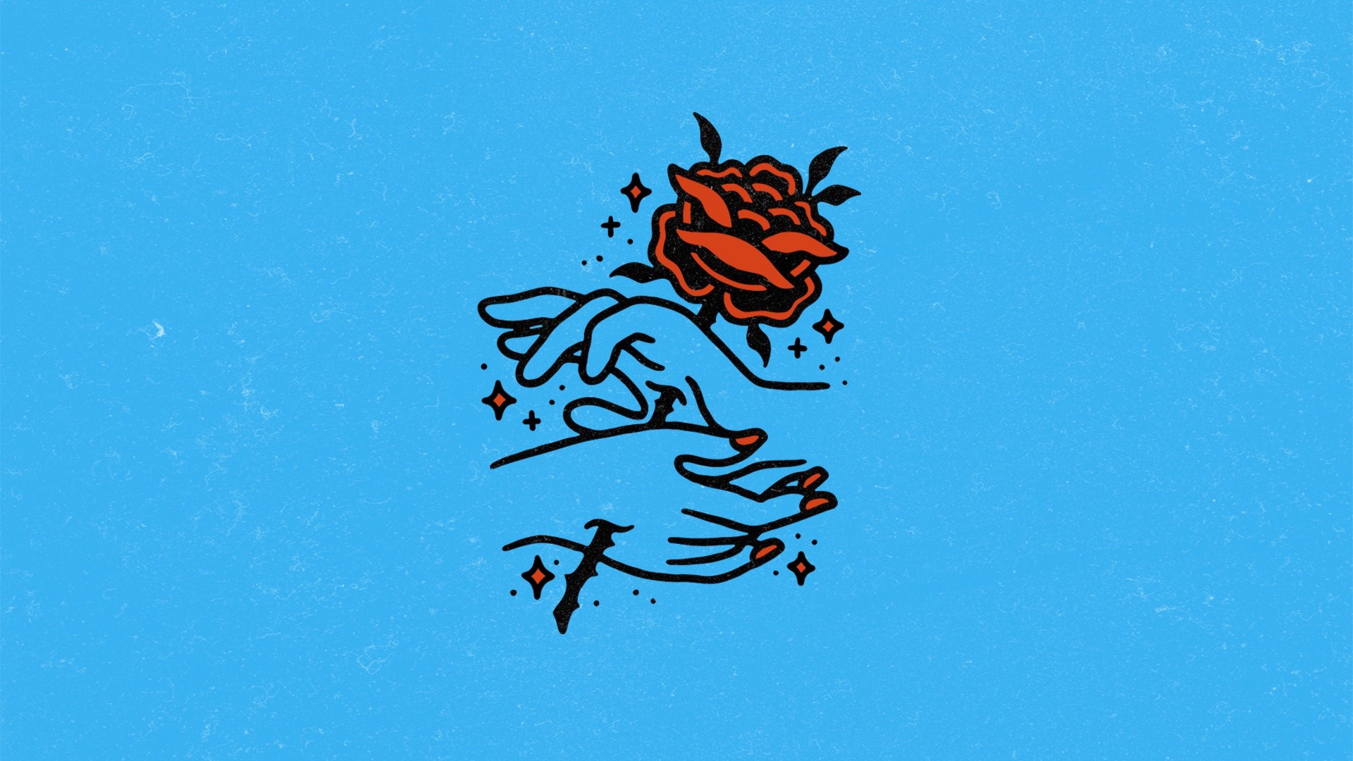 artwork, hands, simple background, blue background, painful, minimalism, rose, red flowers, flowers, plants HD Wallpaper
