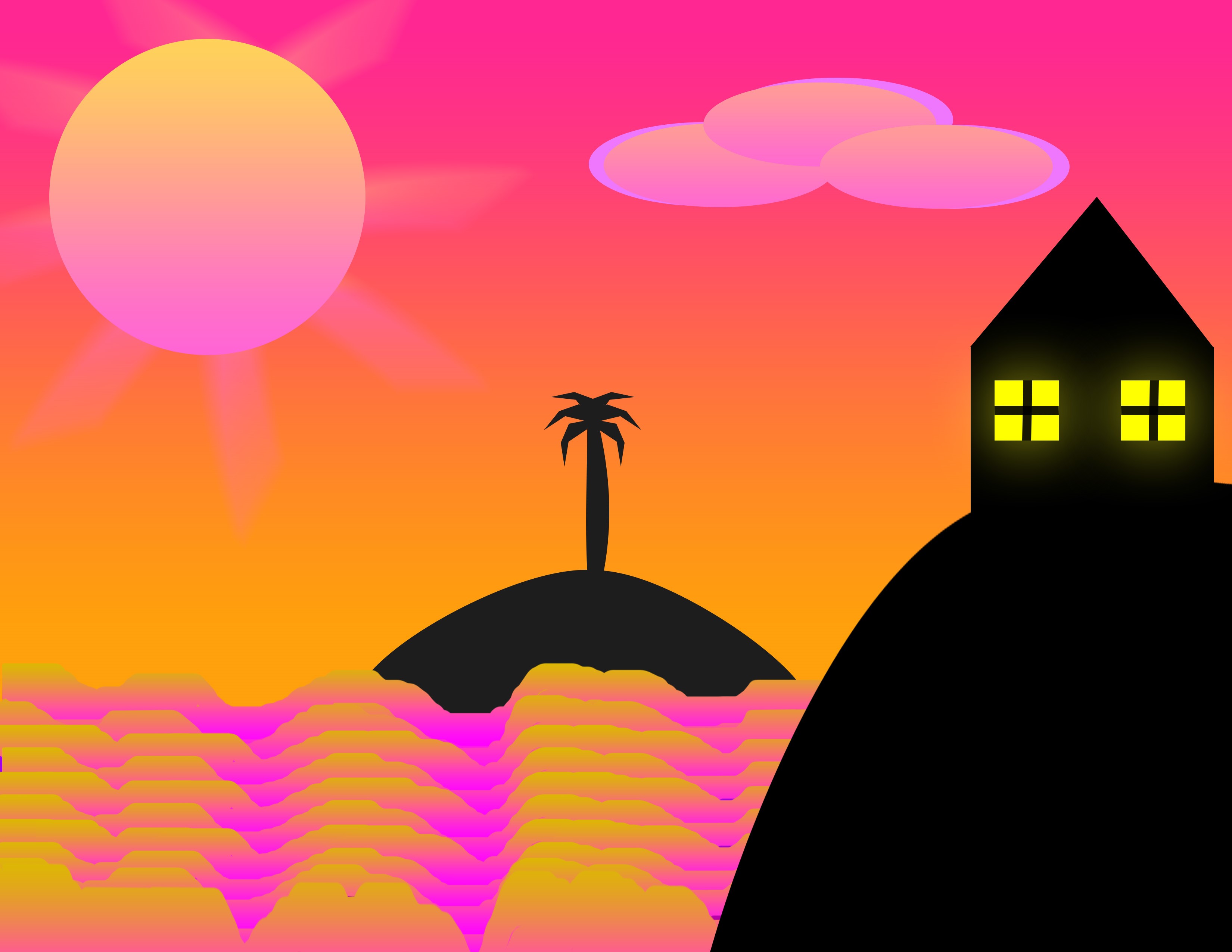 sea, clouds, orange sky, Sun, abstract, palm trees, house, digital HD Wallpaper