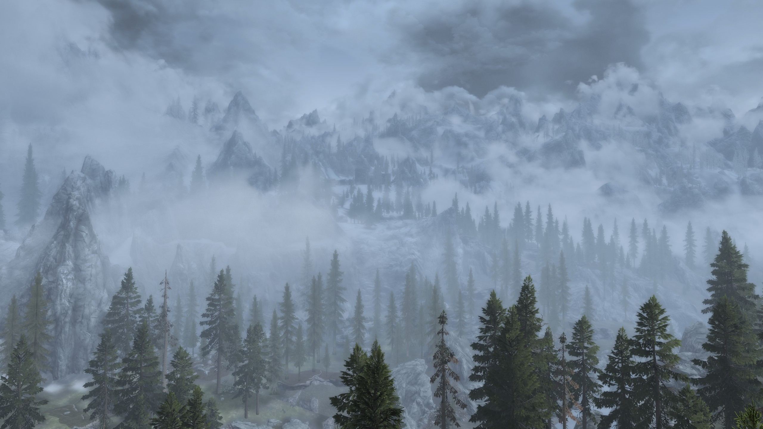 The Elder Scrolls V: Skyrim, mountains, mist, trees, landscape HD Wallpaper