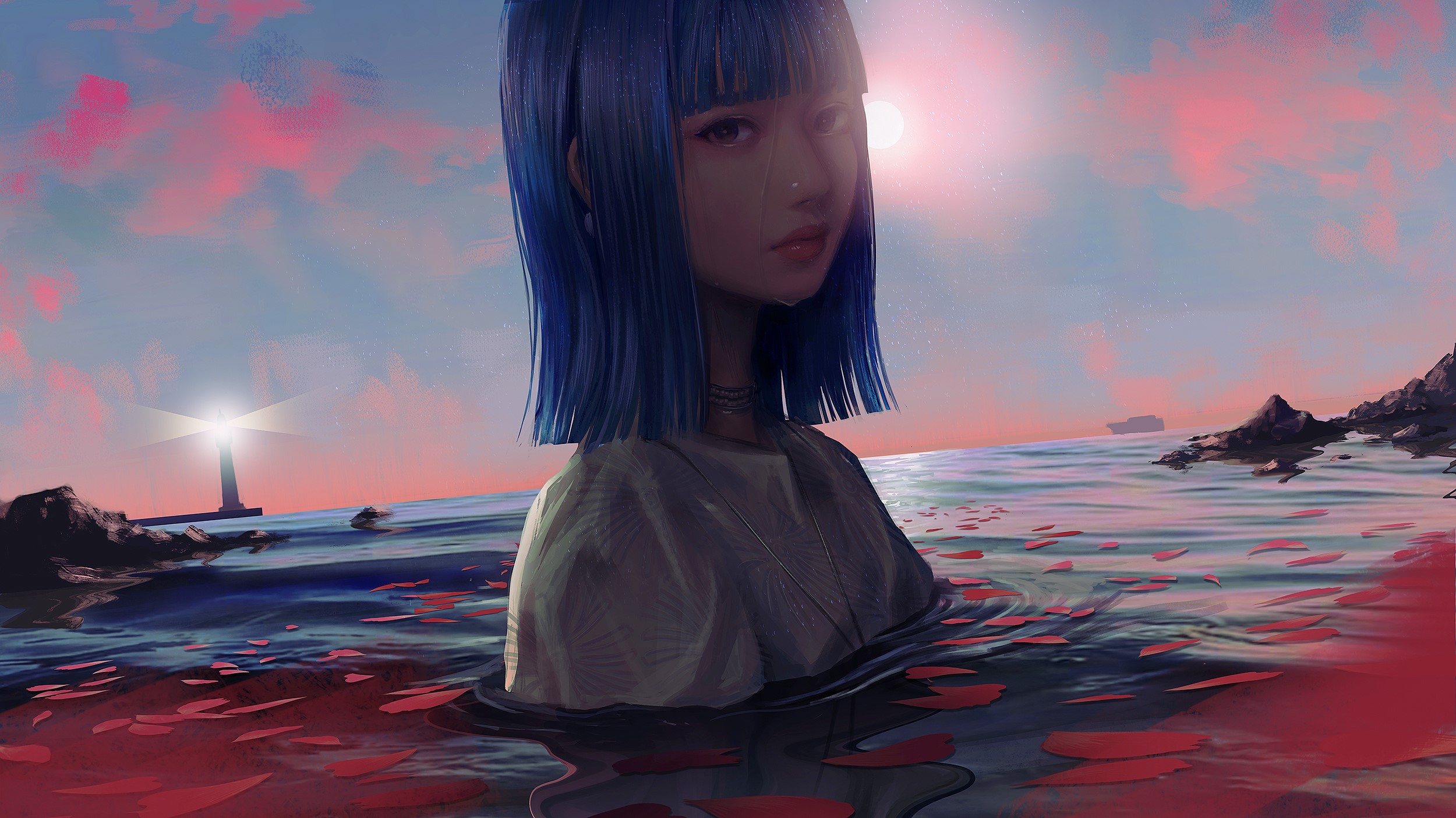 lighthouse, shoulder length hair, in water, 2D, earrings, clouds, blue eyes, looking at viewer, artwork, necklace, blunt bangs, moonlight, blue hair, petals, sky, digital art, sea HD Wallpaper