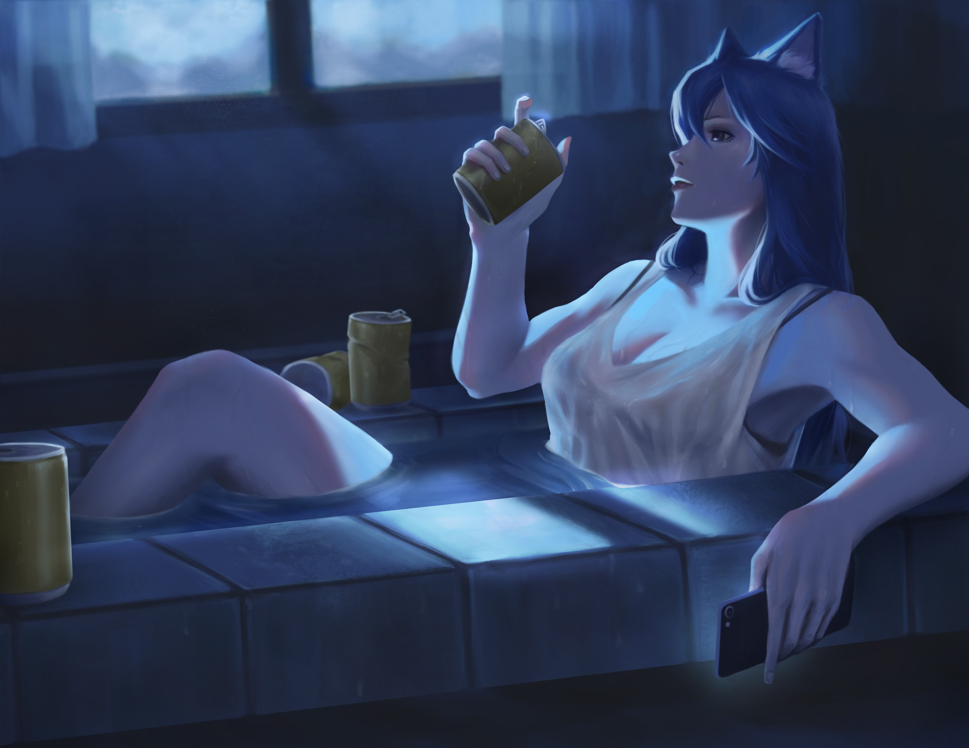 digital art, Chill Out, in water, by the window, drawing, women, in bathtub, animal ears, moonlight, Avetetsuya Studios, ArtStation HD Wallpaper