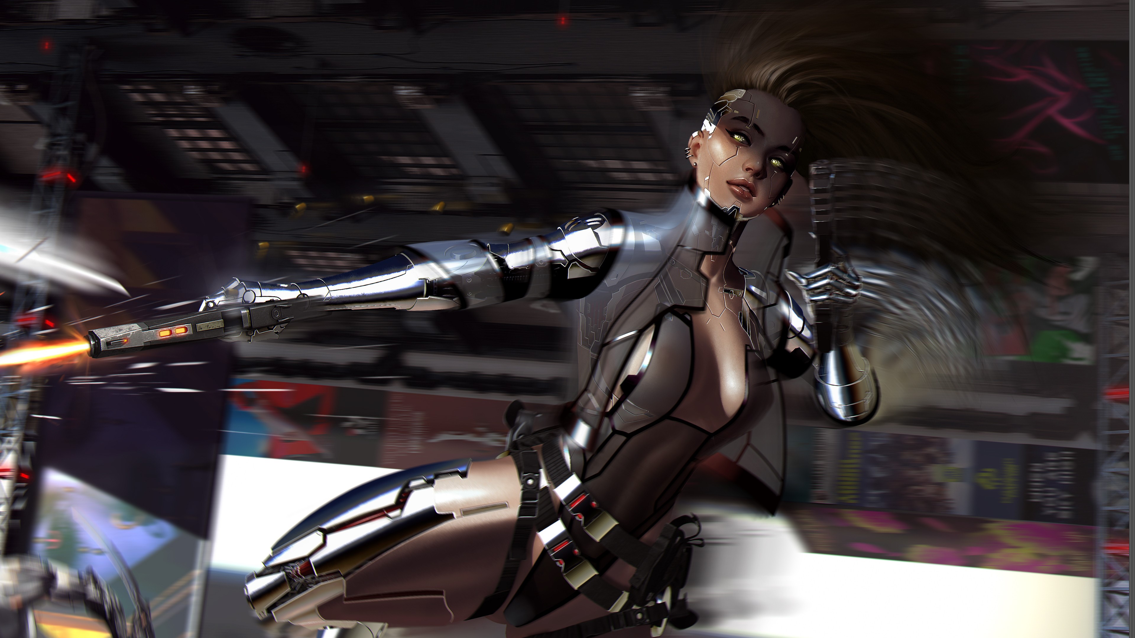 4K, cyberpunk, looking at viewer, CGI, katana, Girl With Weapon, Cyberpunk 2077, digital art, Fly HD Wallpaper
