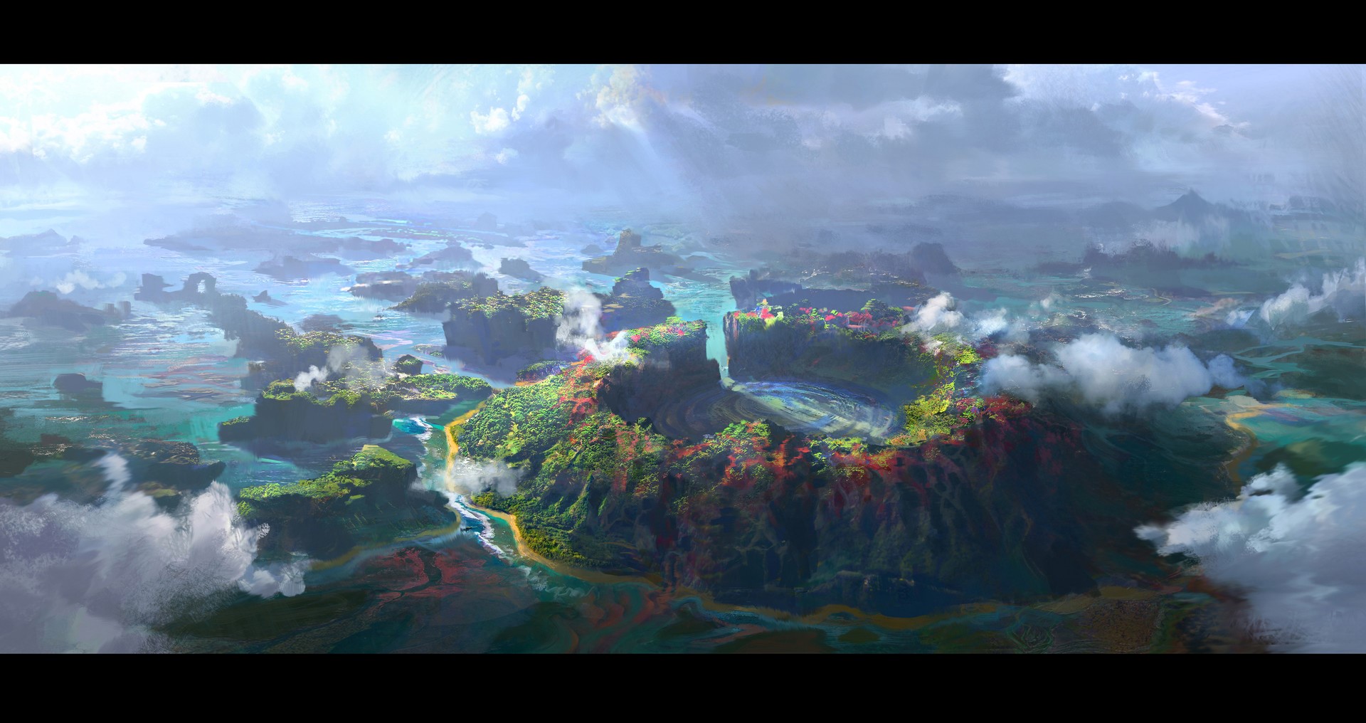 landscape, clouds, island, qingkai yang, digital art, Asian HD Wallpaper