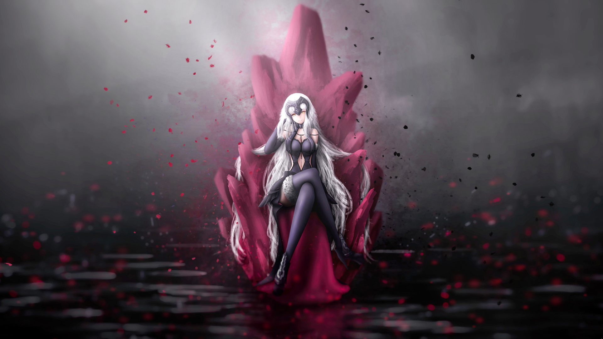 Fate/Grand Order, long hair, thigh-highs, dress, Jeanne dArc (Fate), anime girls, white hair, high heels, Jeanne (Alter) (Fate/Grand Order), Fate Series HD Wallpaper