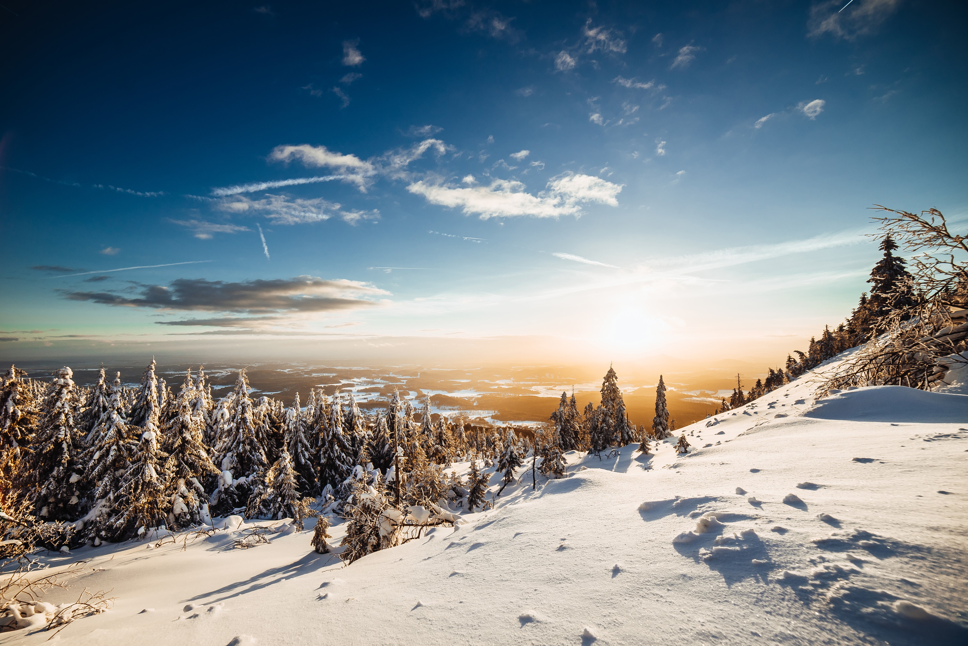 4K, trees, winter, mountains, nature, snow, sky HD Wallpaper